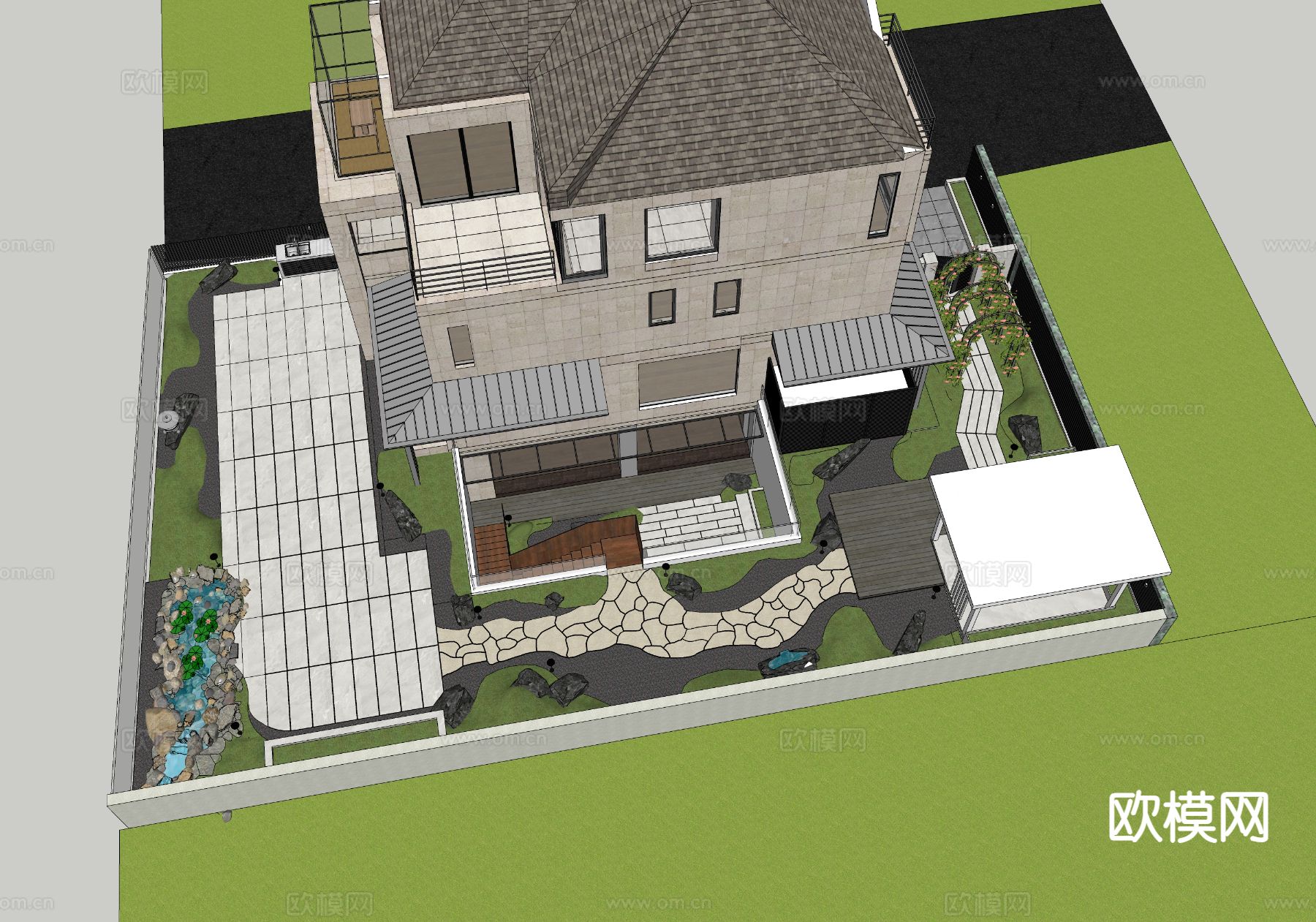 别墅庭院 花园su模型下载（渲染图1）