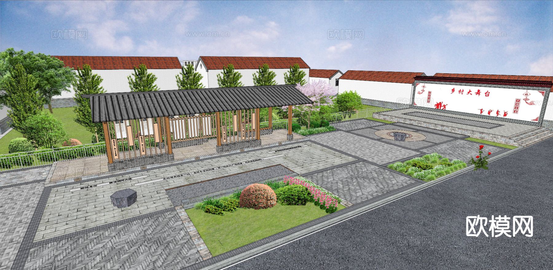新中式文化广场 活动广场 党建广场su模型下载（渲染图1）