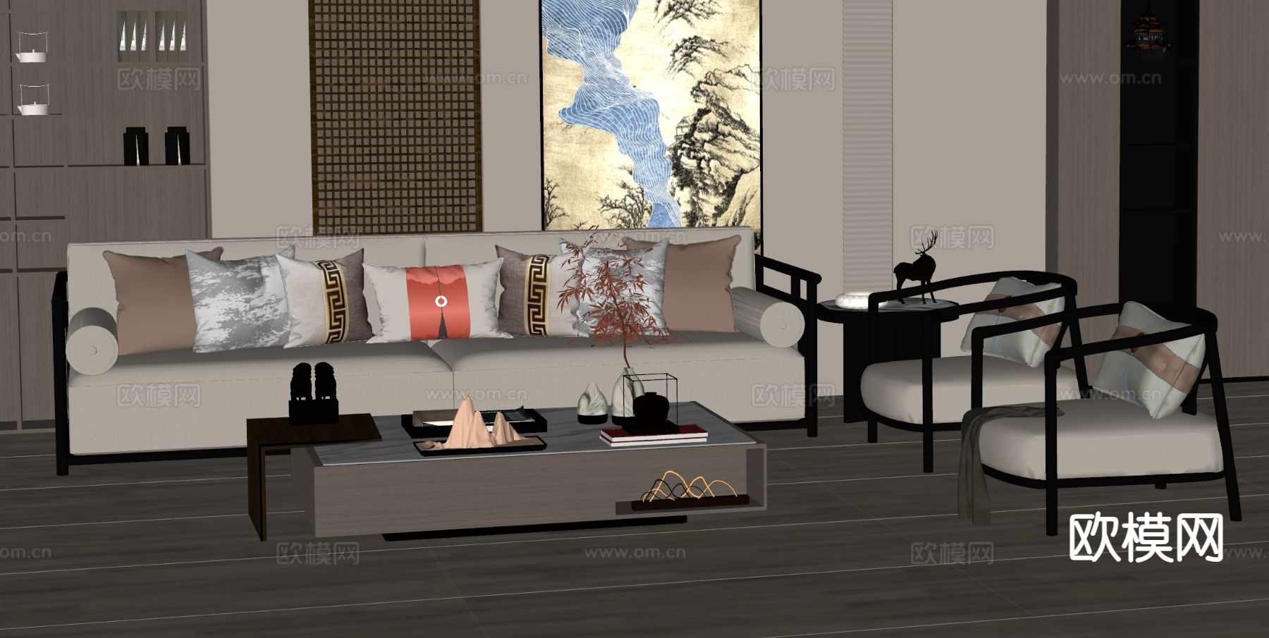 新中式组合沙发su模型下载（渲染图1）
