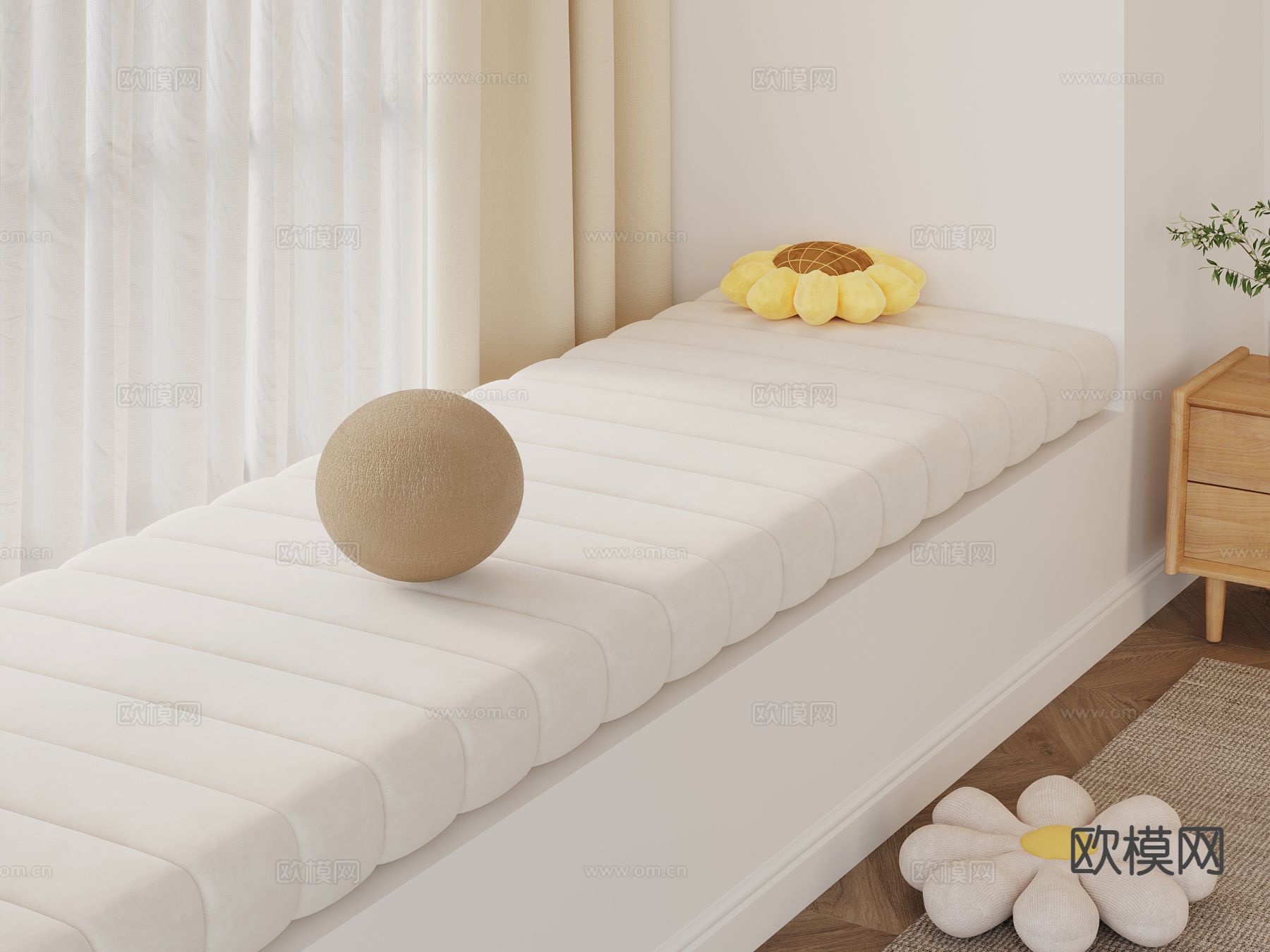 奶油风飘窗垫 抱枕su模型下载（渲染图2）
