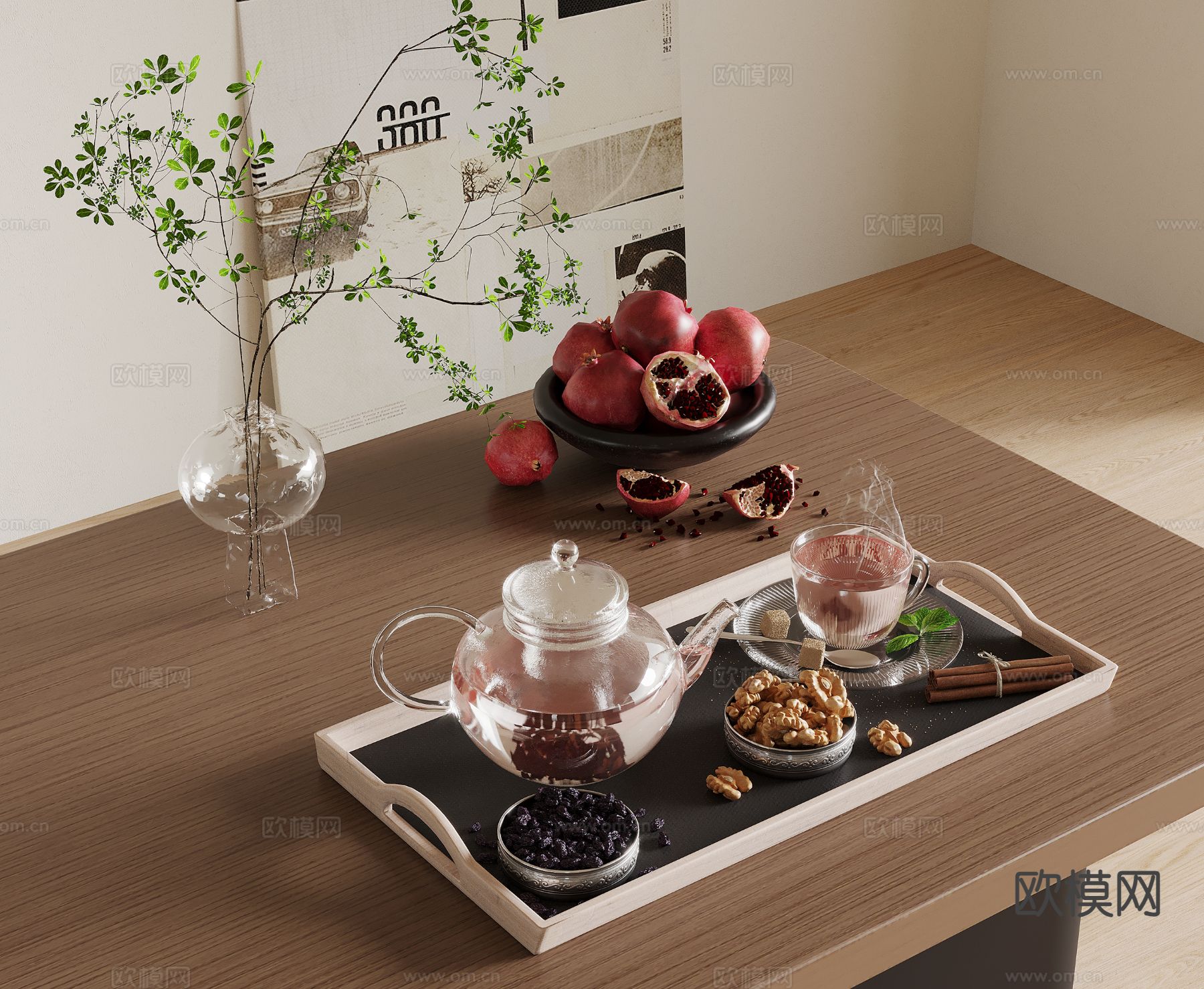 现代茶具 茶壶 水果 托盘su模型下载（渲染图2）
