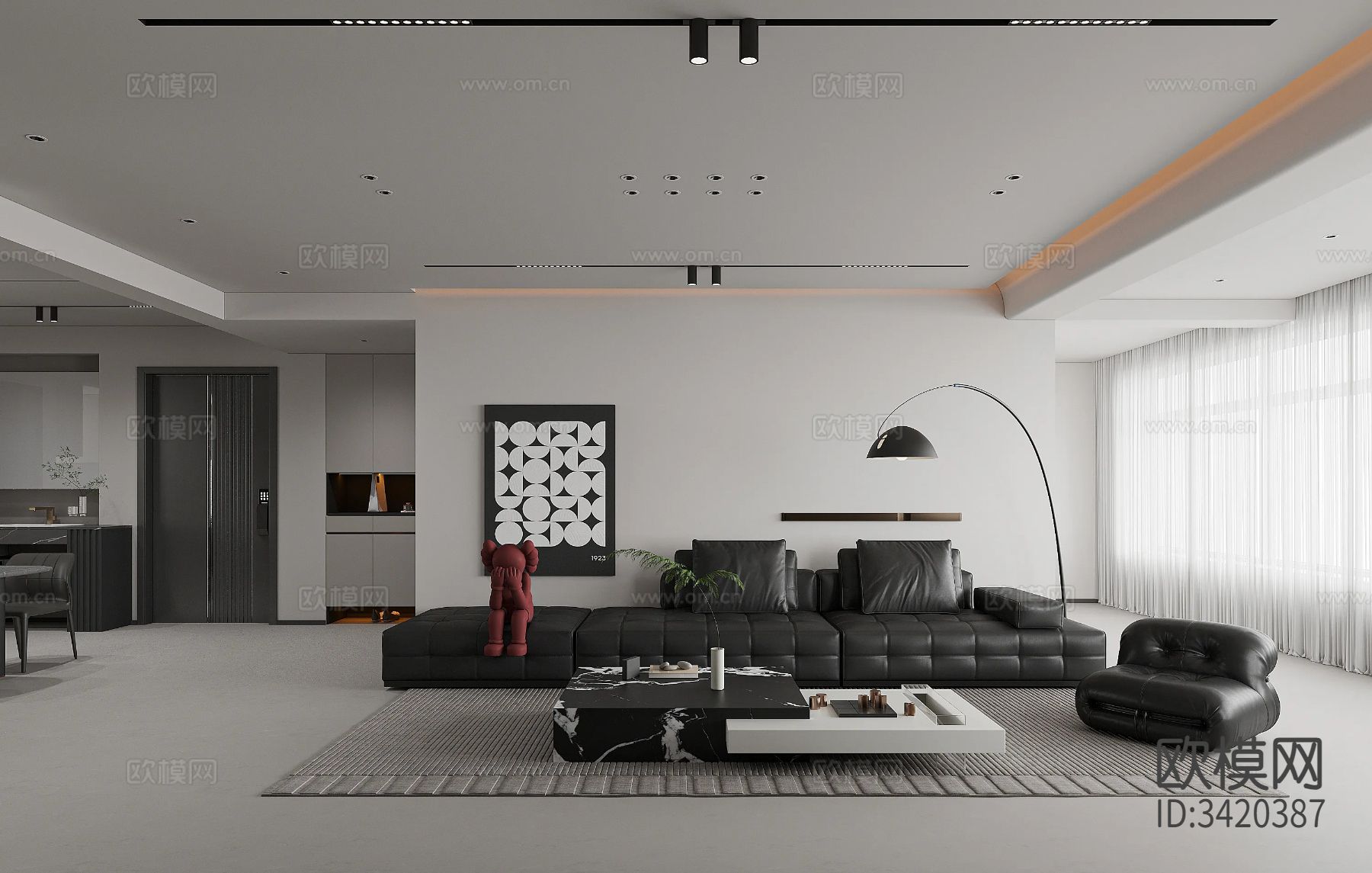 简约黑白平层客餐厅装修效果图下载（渲染图13）