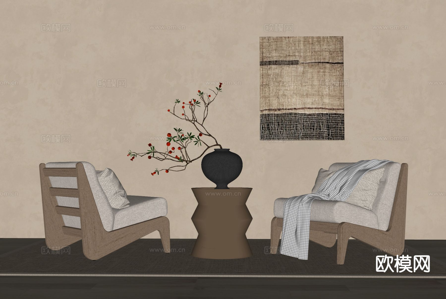 中古风椅子 休闲椅 边几su模型下载（渲染图1）