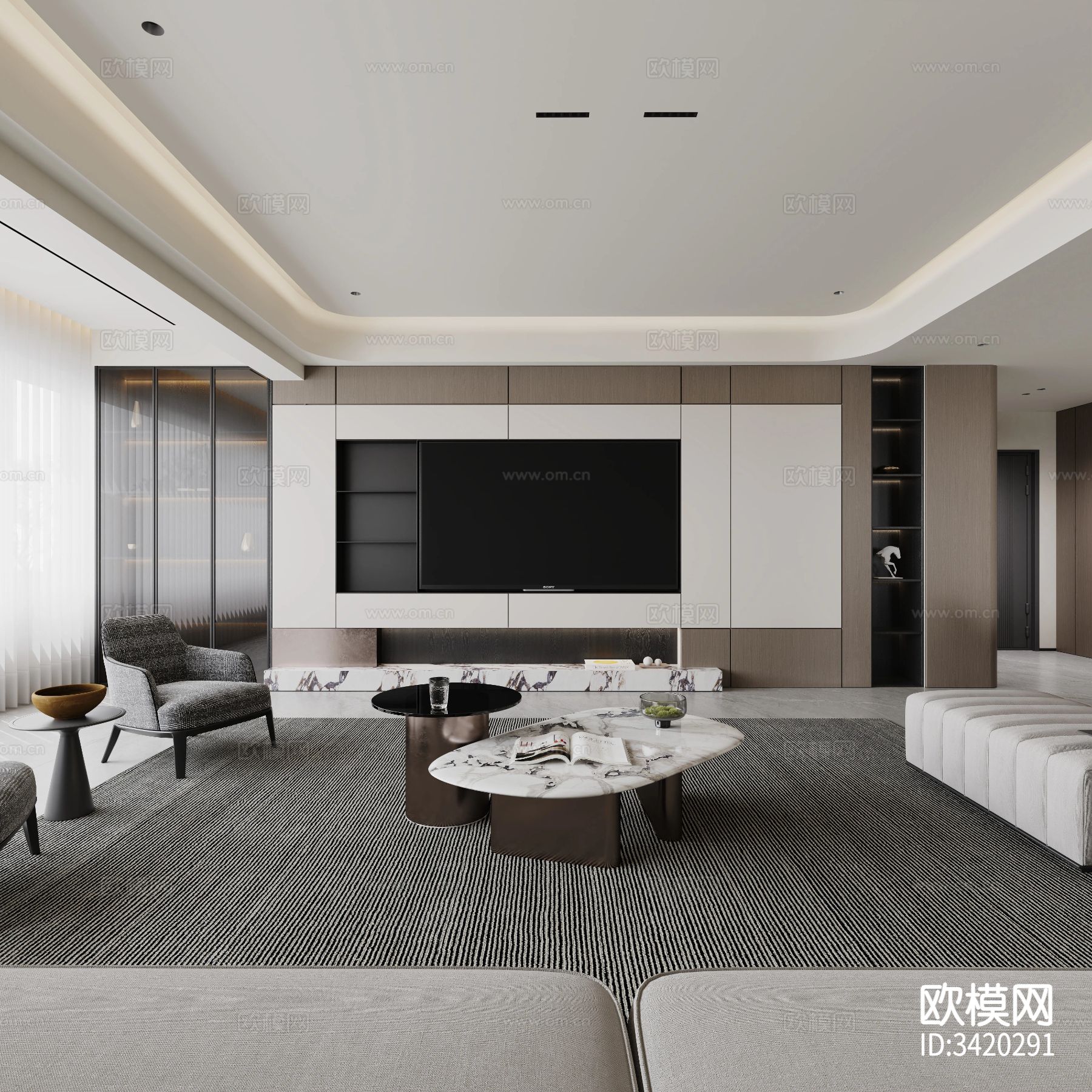 现代简约大平层客餐厅效果图下载（渲染图1）