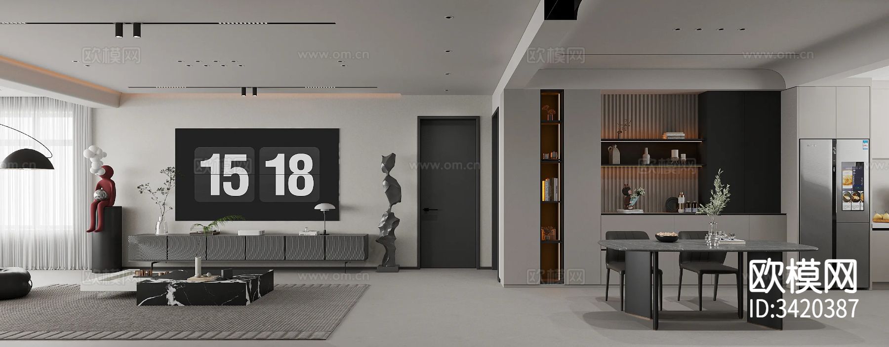 简约黑白平层客餐厅装修效果图下载（渲染图6）
