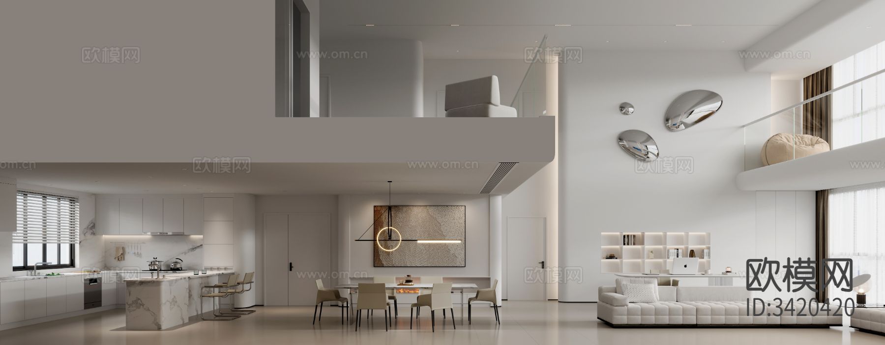 现代别墅客餐厅装修效果图下载（渲染图4）