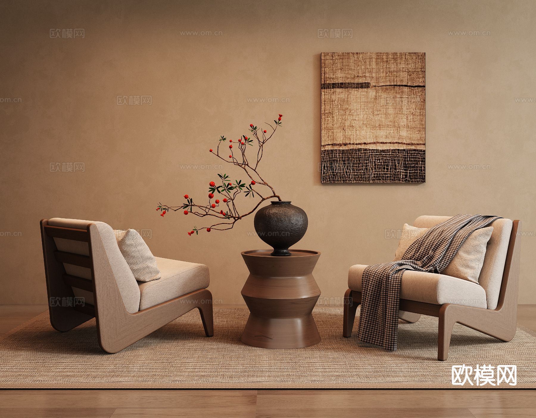 中古风椅子 休闲椅 边几su模型下载（渲染图2）