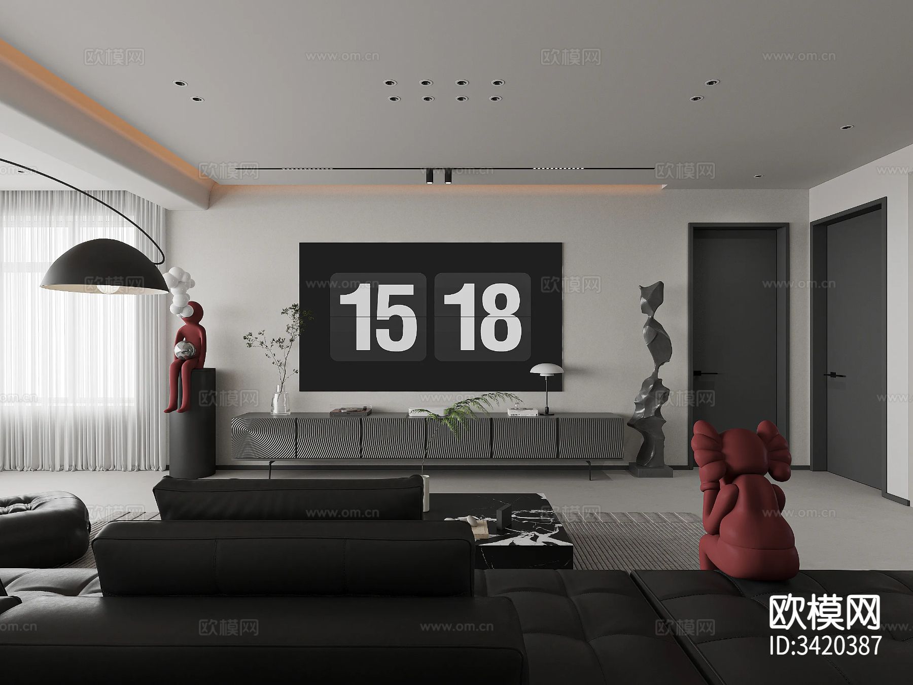 简约黑白平层客餐厅装修效果图下载（渲染图12）