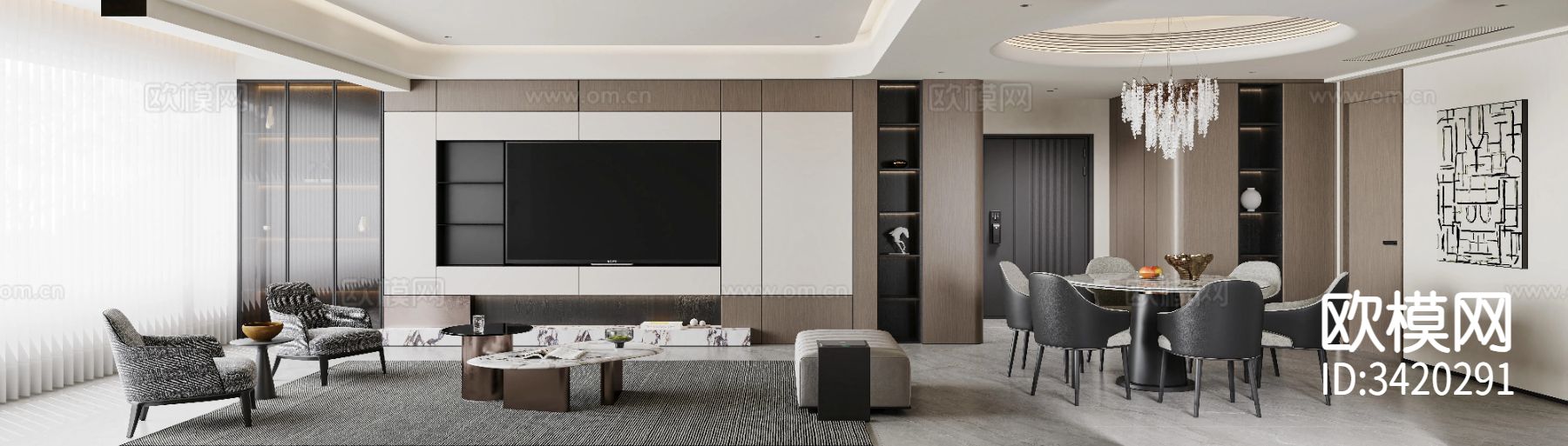 现代简约大平层客餐厅效果图下载（渲染图5）