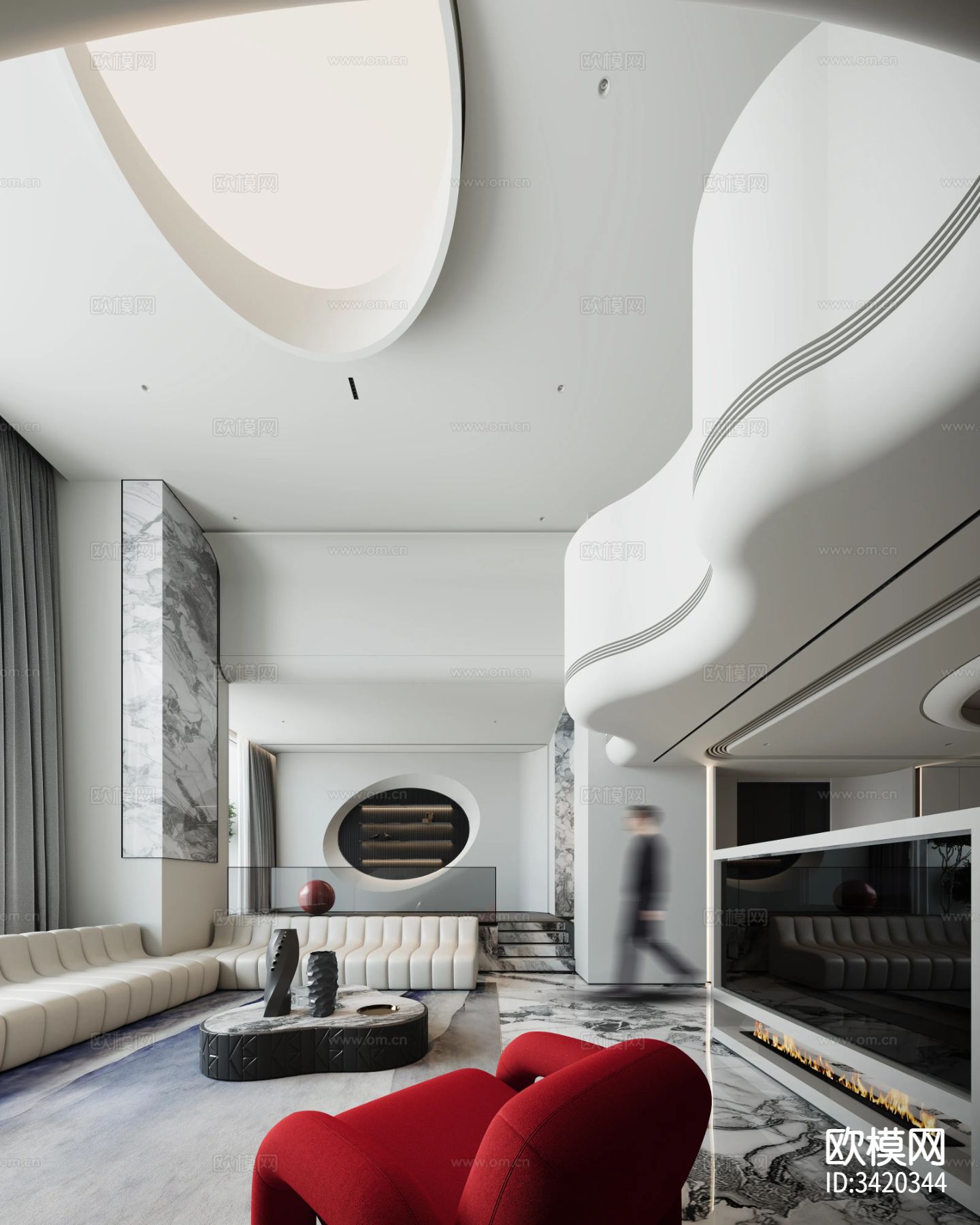 现代简约别墅客餐厅装修效果图下载（渲染图1）