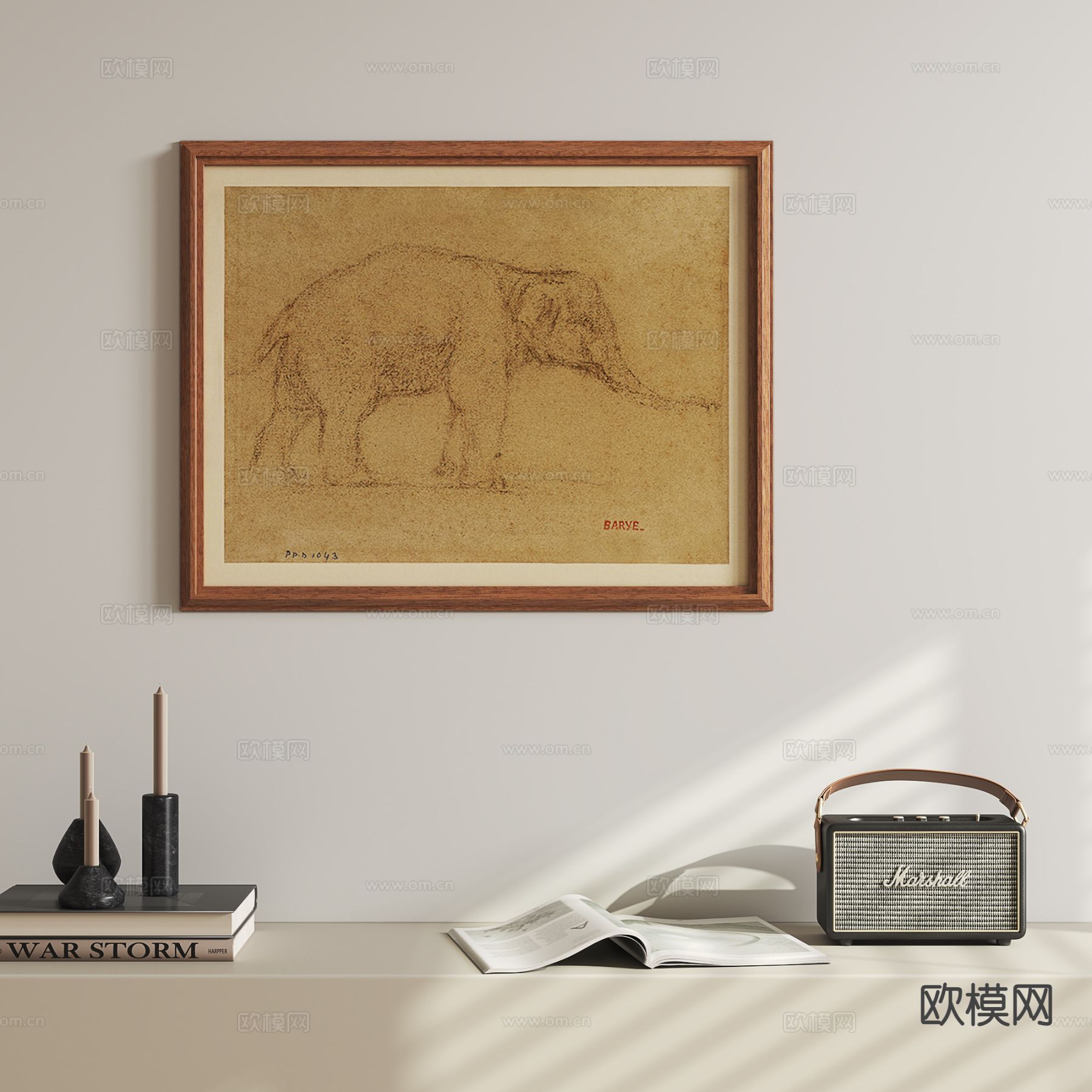 中古风装饰画 摆件 大象素描画3d模型