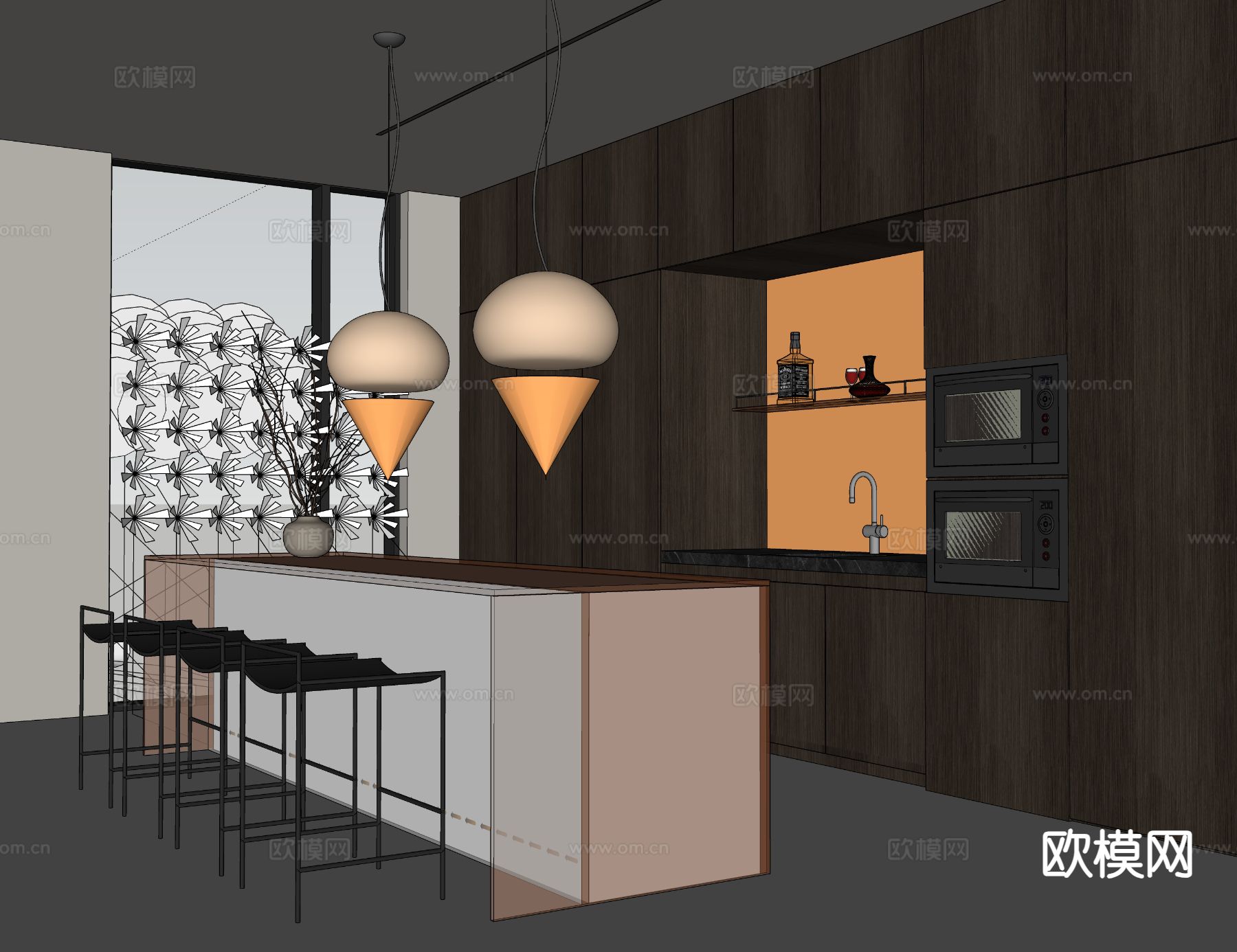 渐变岛台厨房su模型下载（渲染图1）