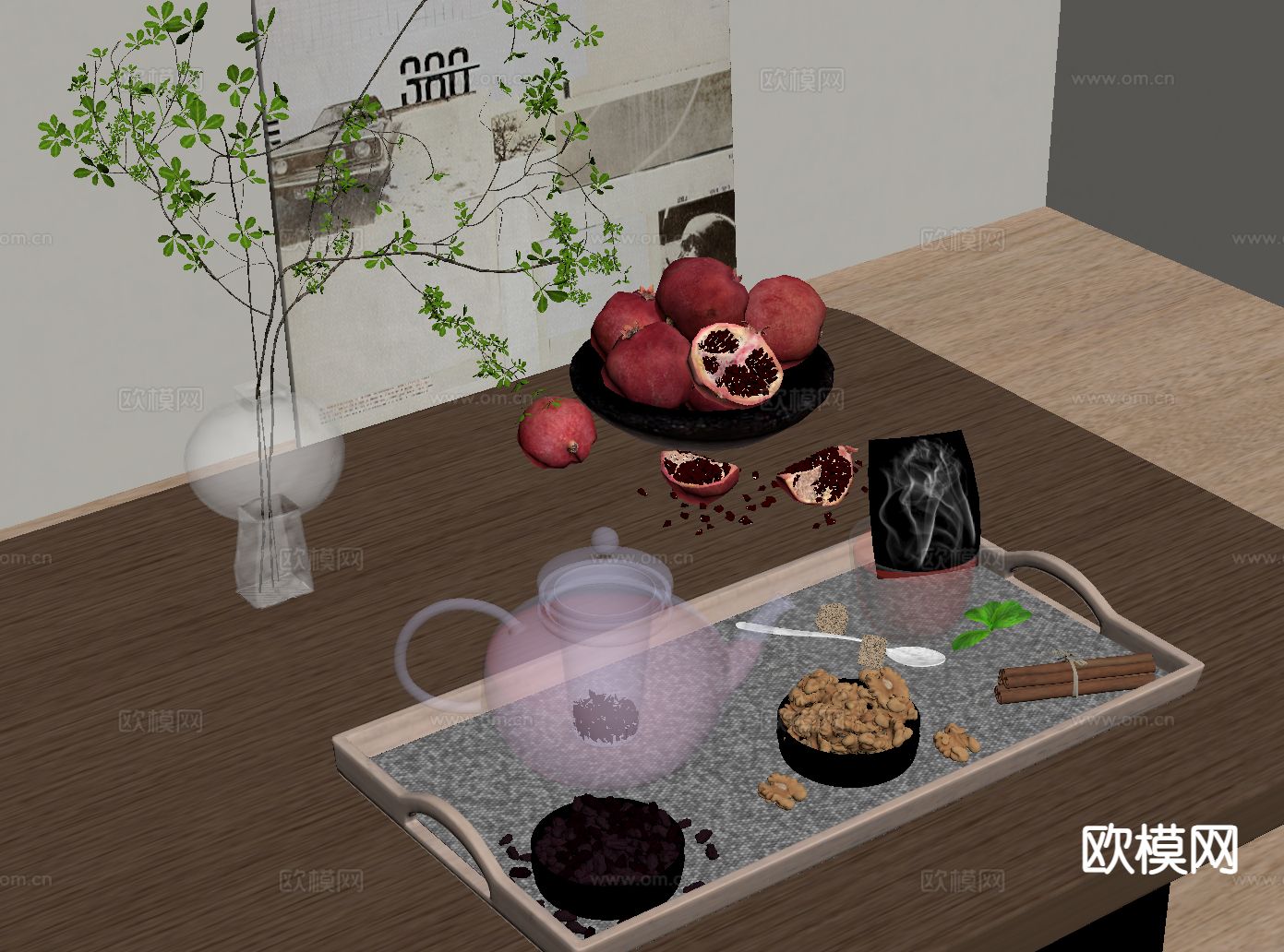 现代茶具 茶壶 水果 托盘su模型下载（渲染图1）