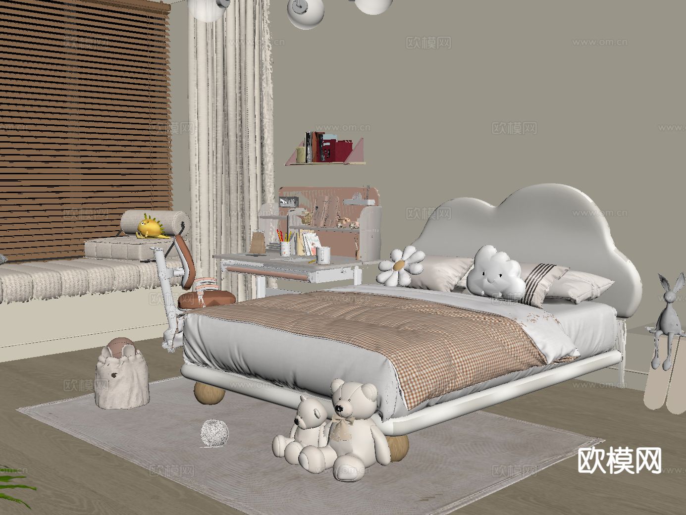 现代儿童床su模型下载（渲染图1）