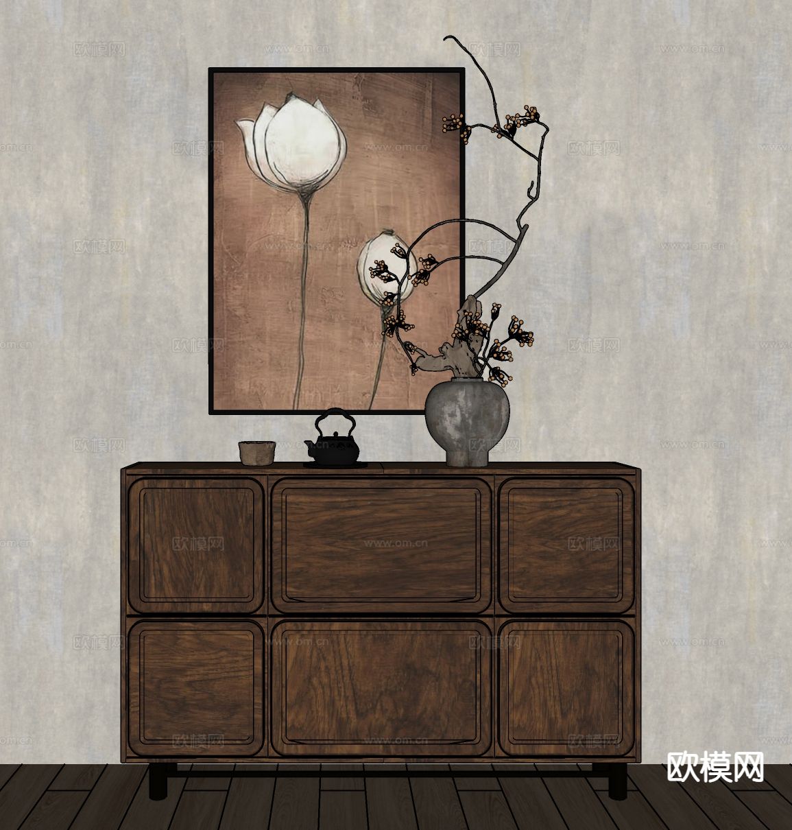 侘寂边柜 玄关柜su模型下载（渲染图1）