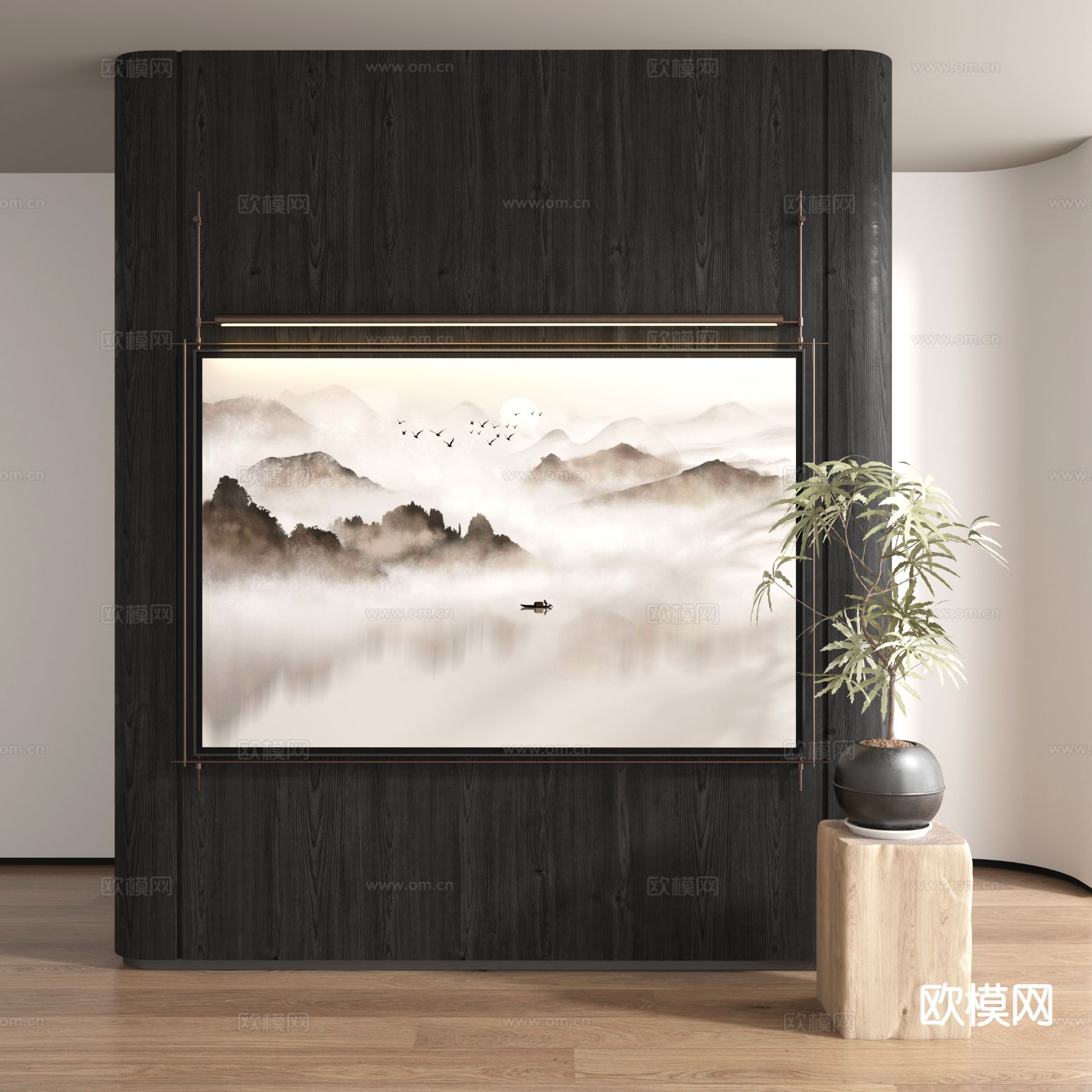 新中式铁艺吊杆画 水墨画3d模型