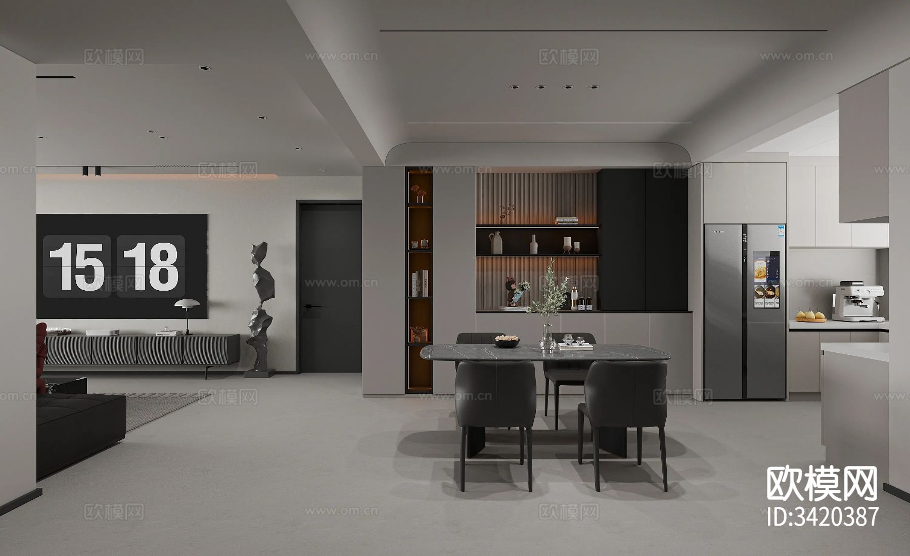 简约黑白平层客餐厅装修效果图下载（渲染图3）