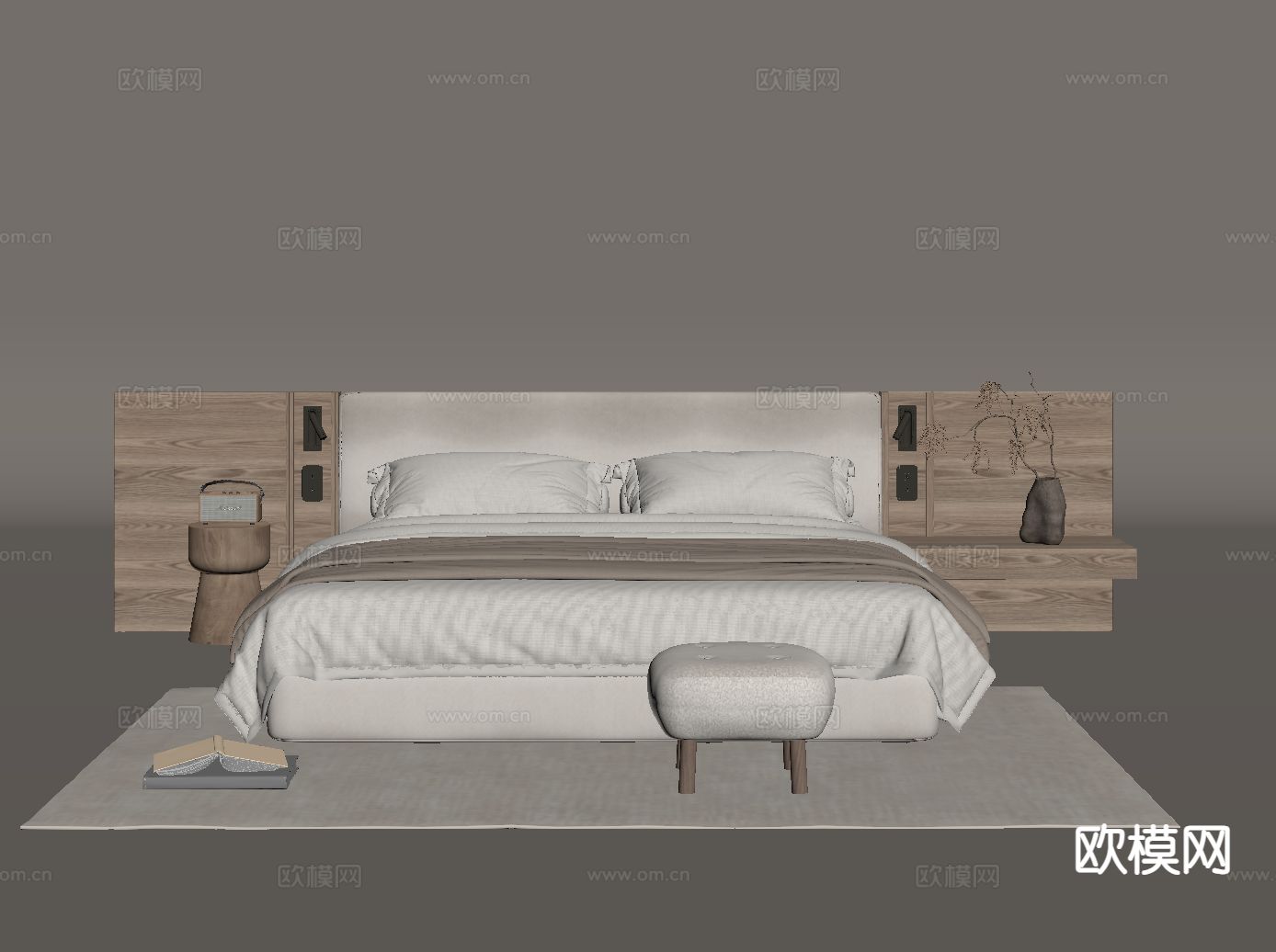 侘寂双人床su模型下载（渲染图1）