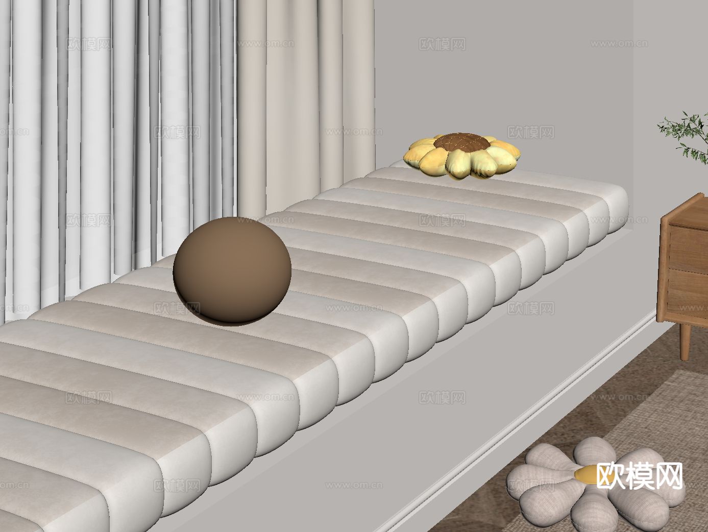 奶油风飘窗垫 抱枕su模型下载（渲染图1）