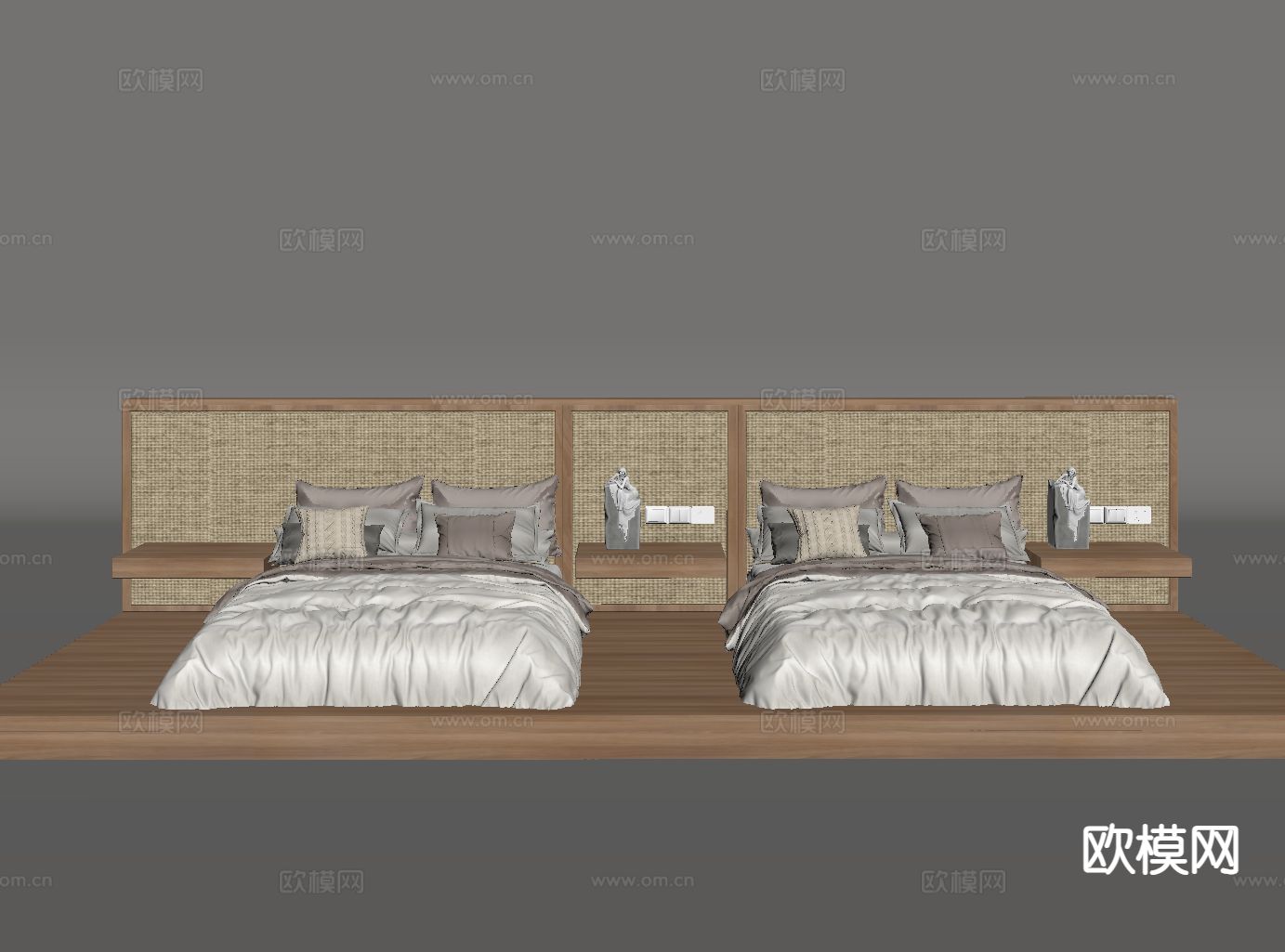侘寂双人床 酒店双人床su模型下载（渲染图1）