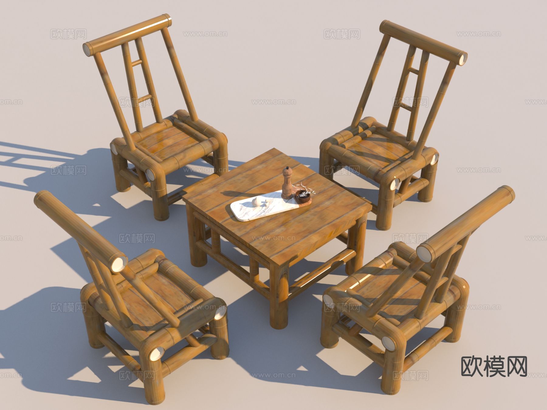 户外桌椅组合 竹桌椅 茶馆桌椅3d模型下载