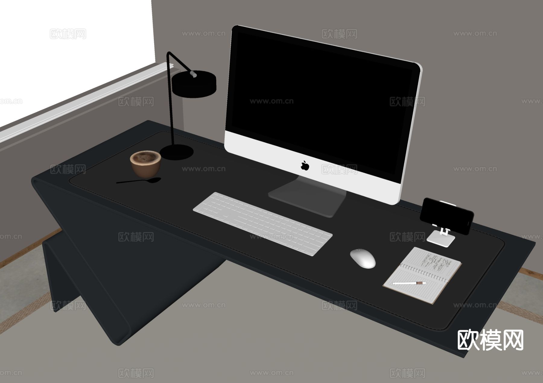 电脑桌 电脑 手机 台灯su模型下载（渲染图1）