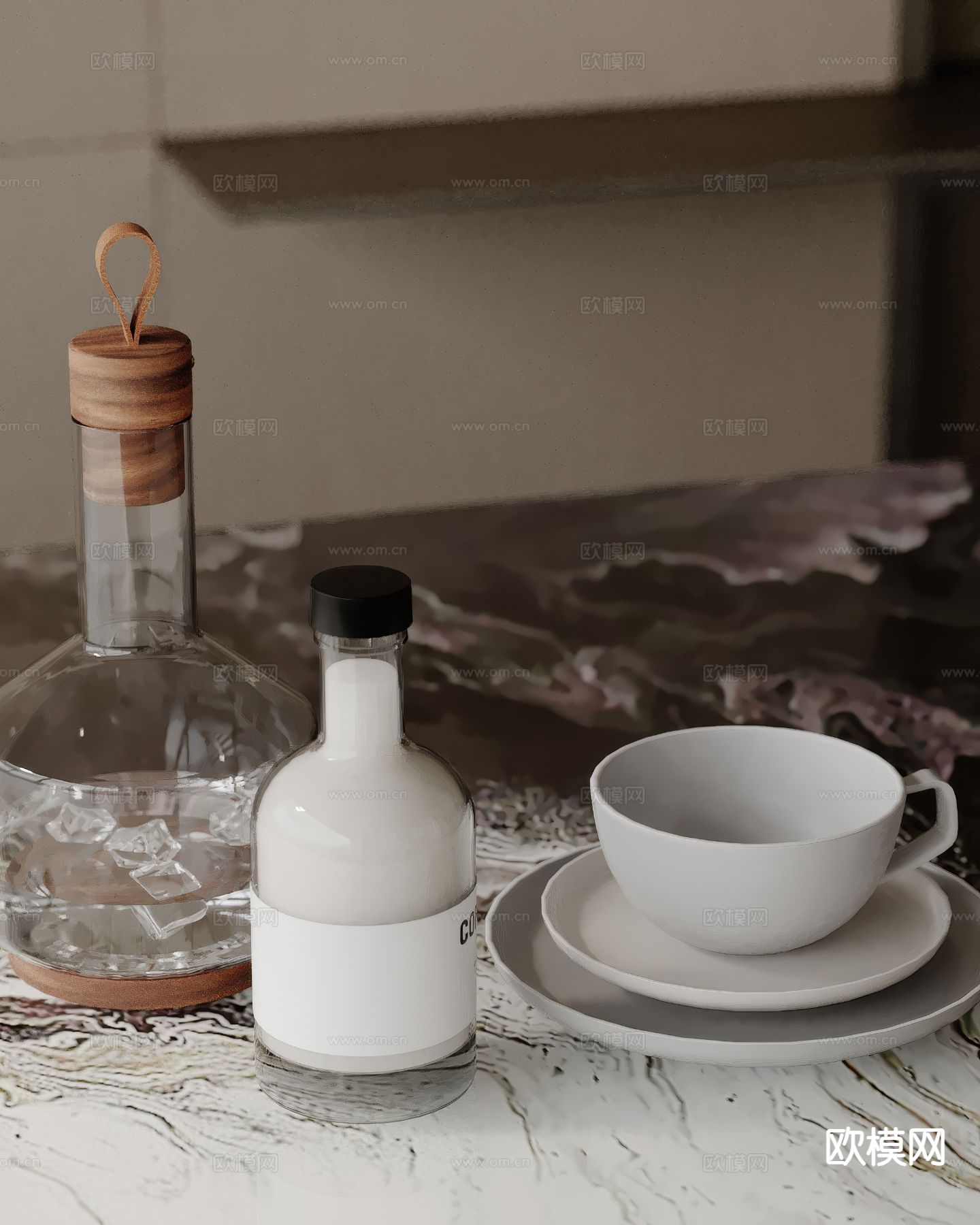 现代餐具 咖啡杯 餐盘 水瓶su模型下载（渲染图2）
