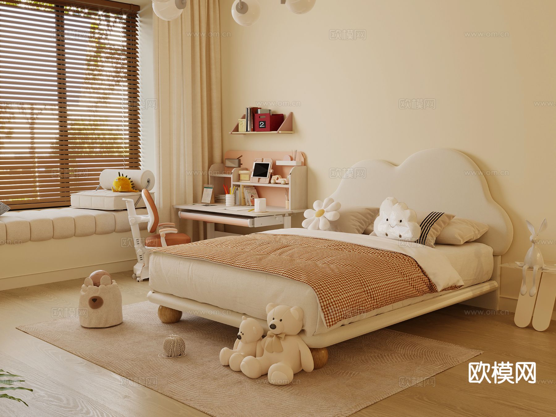 现代儿童床su模型下载（渲染图2）