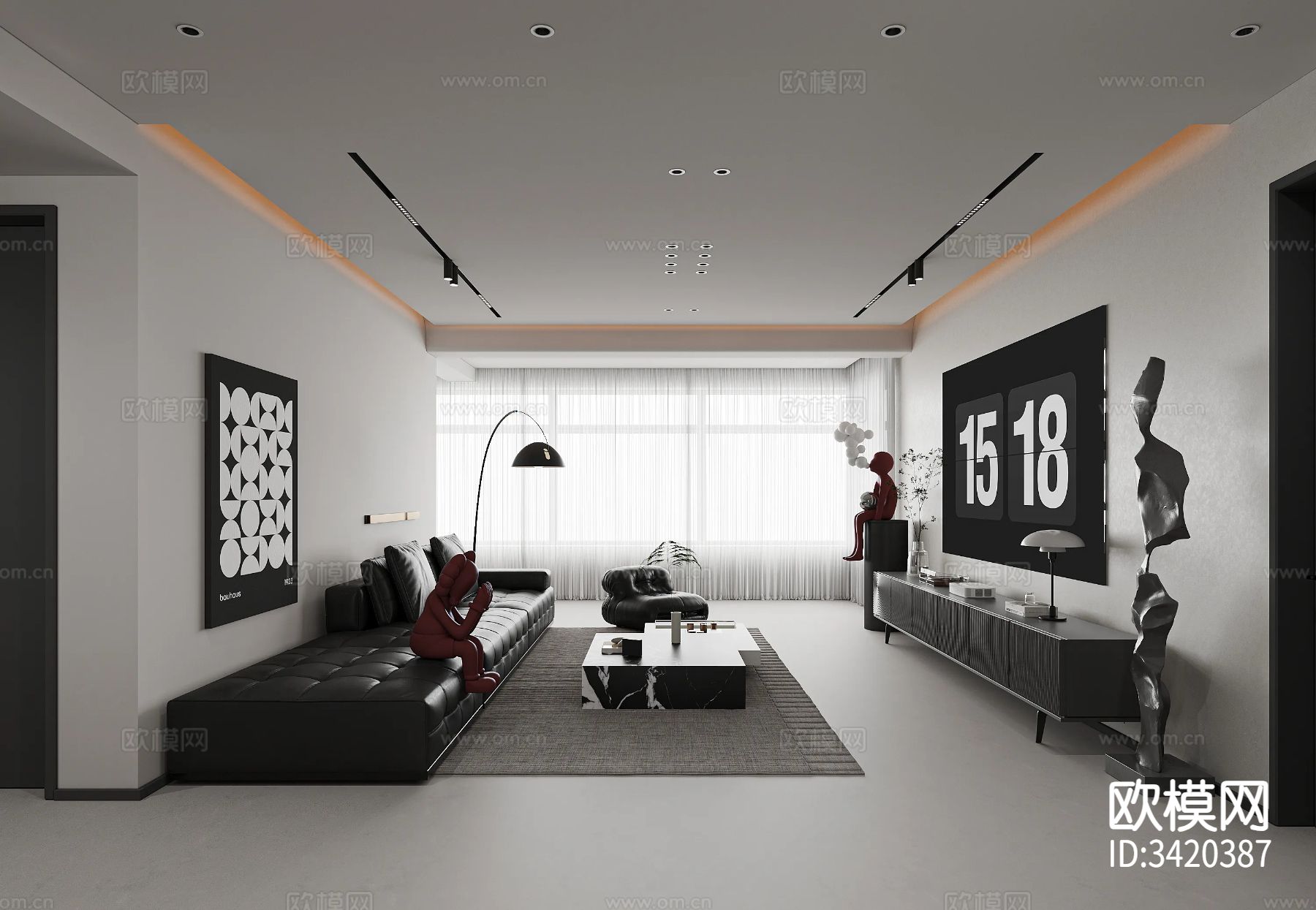 简约黑白平层客餐厅装修效果图下载（渲染图1）