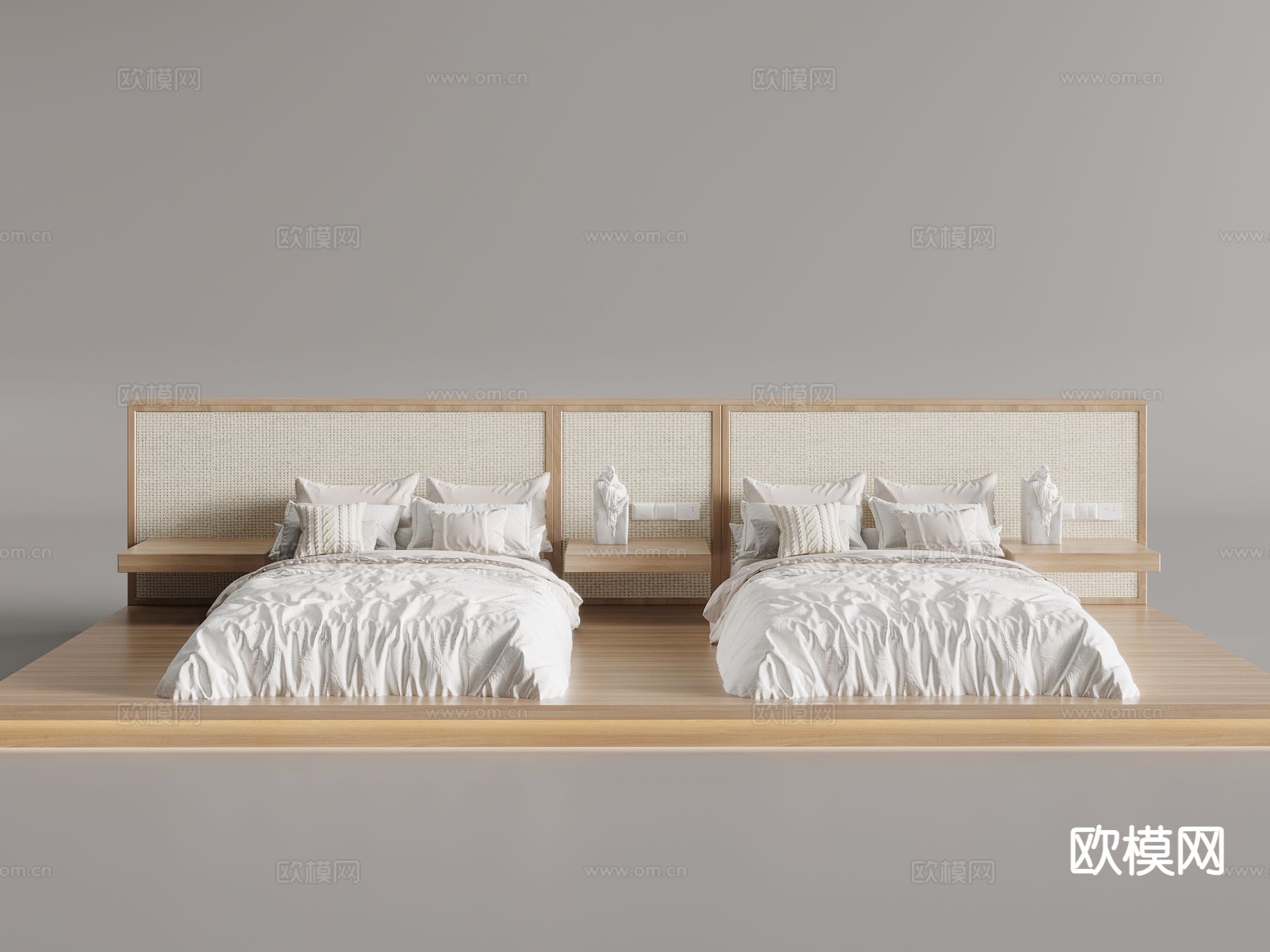 侘寂双人床 酒店双人床su模型下载（渲染图2）