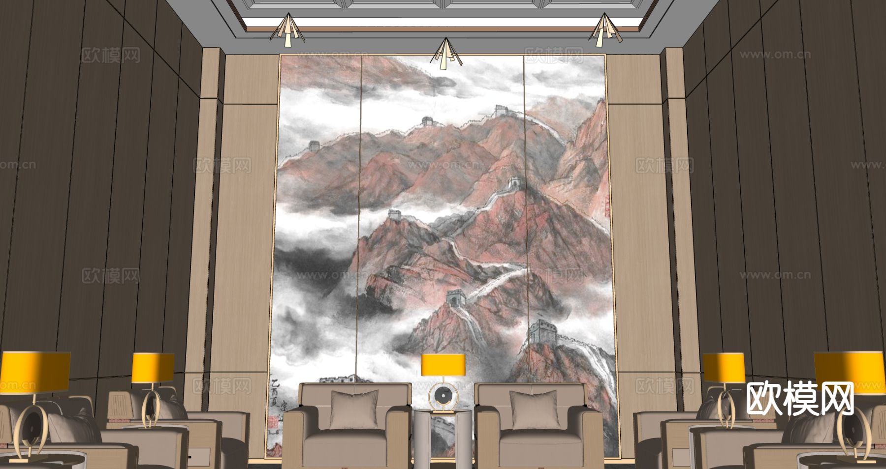 新中式会客室 接待室su模型下载（渲染图1）