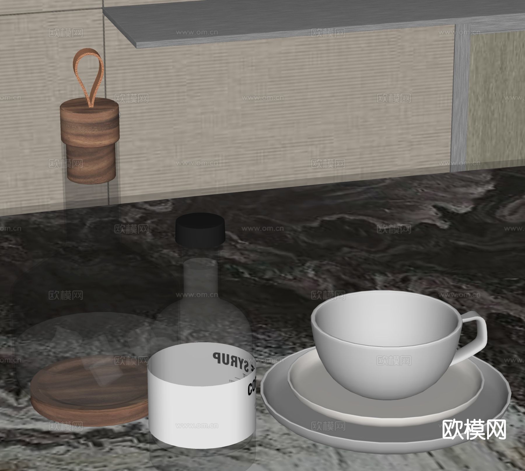 现代餐具 咖啡杯 餐盘 水瓶su模型下载（渲染图1）
