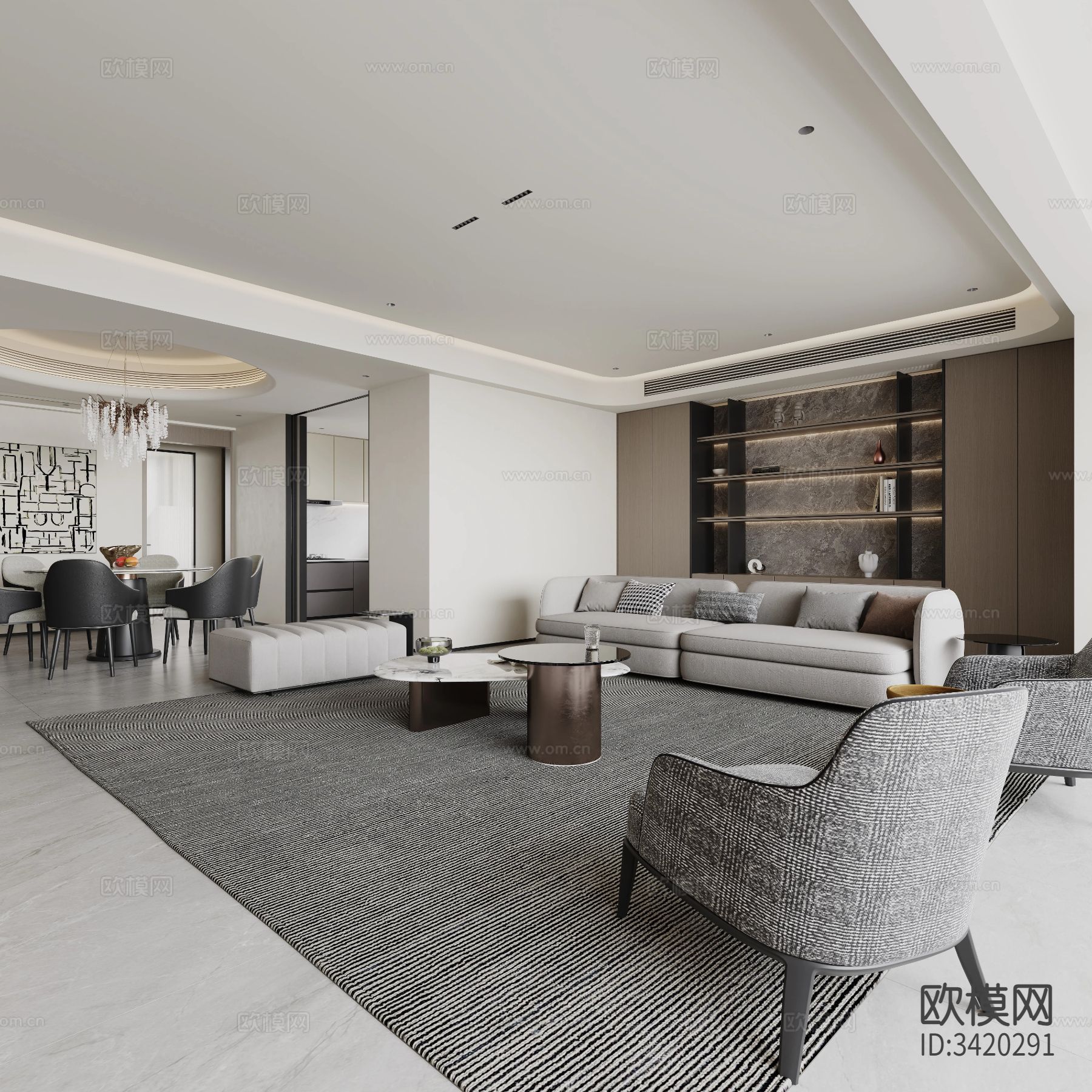 现代简约大平层客餐厅效果图下载（渲染图9）