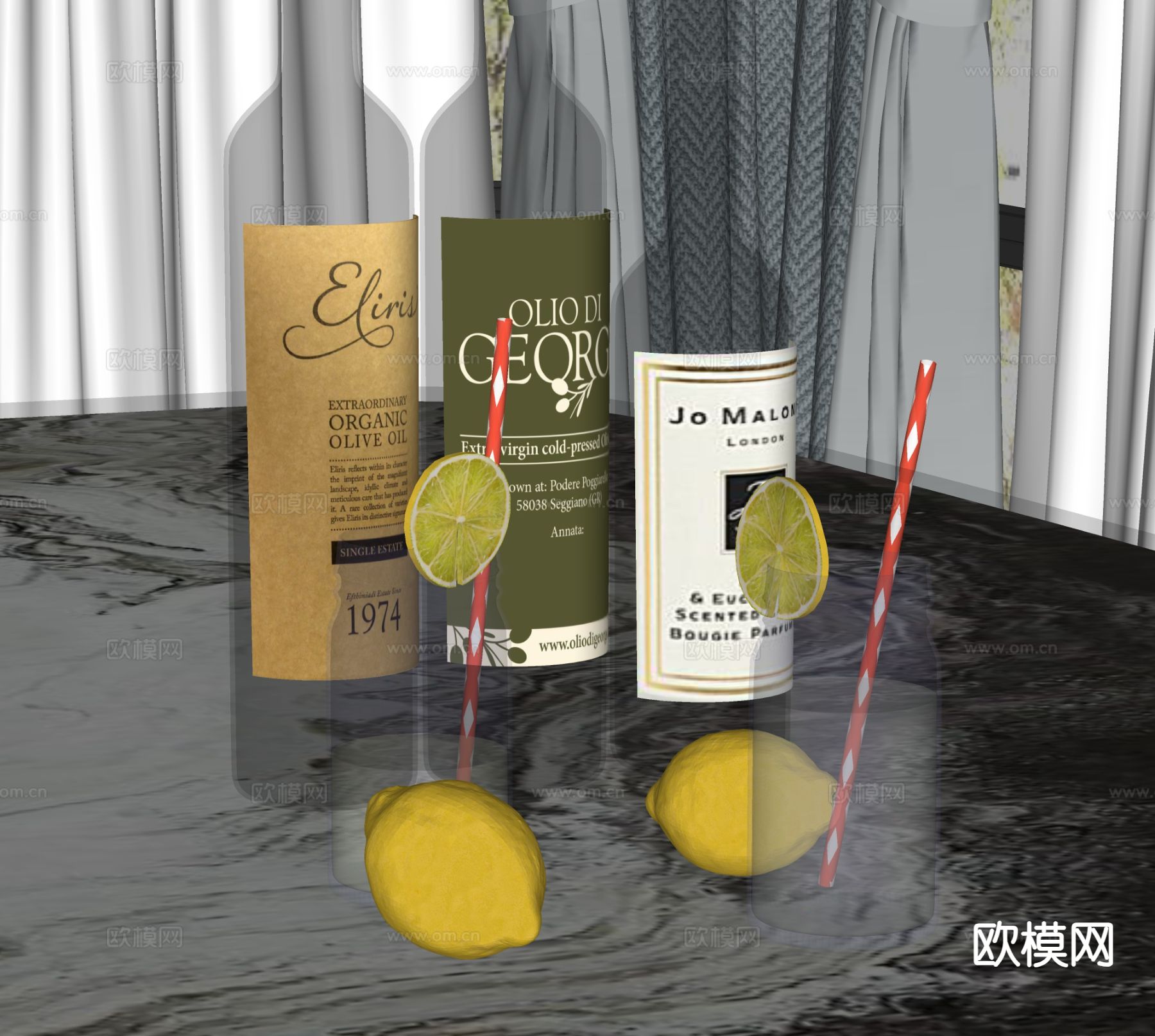 酒水 酒瓶 洋酒 柠檬水su模型下载（渲染图1）