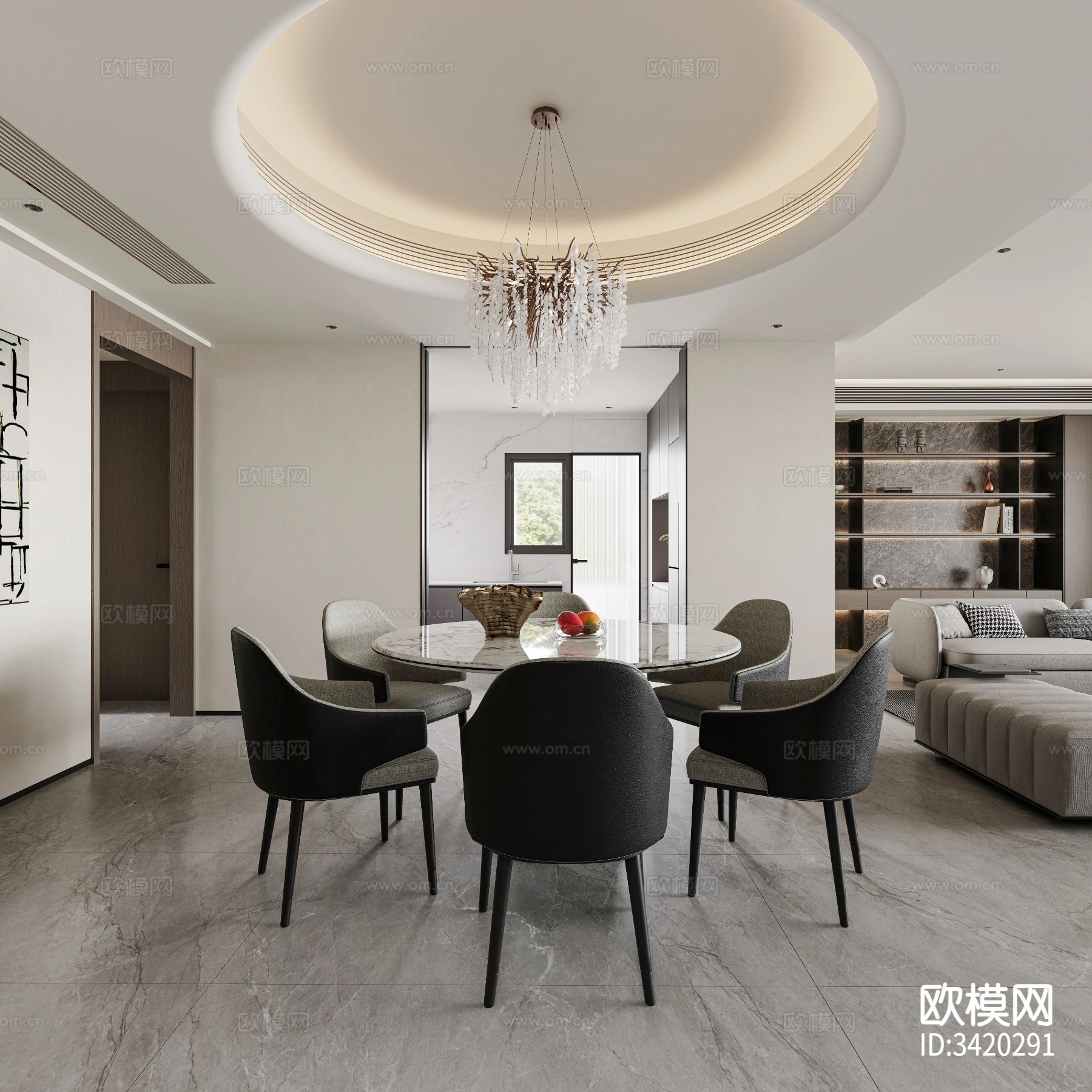 现代简约大平层客餐厅效果图下载（渲染图8）