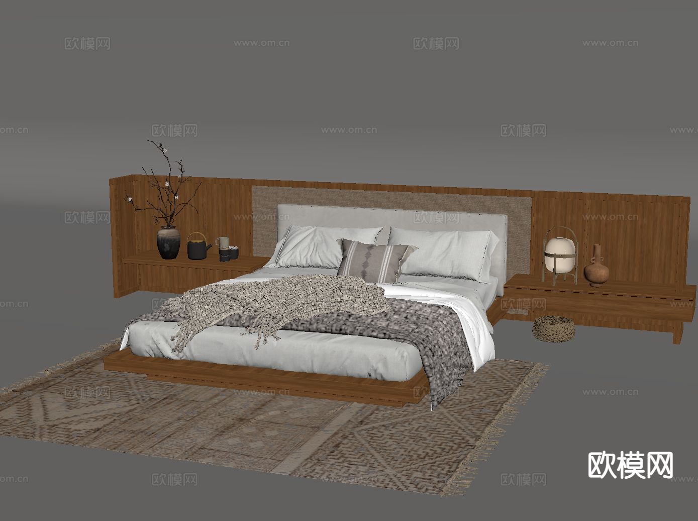 侘寂双人床 酒店双人床su模型下载（渲染图1）