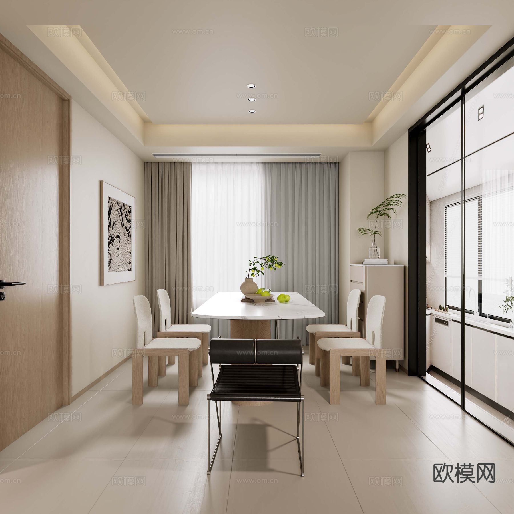 奶油风客餐厅3d模型下载（渲染图3）