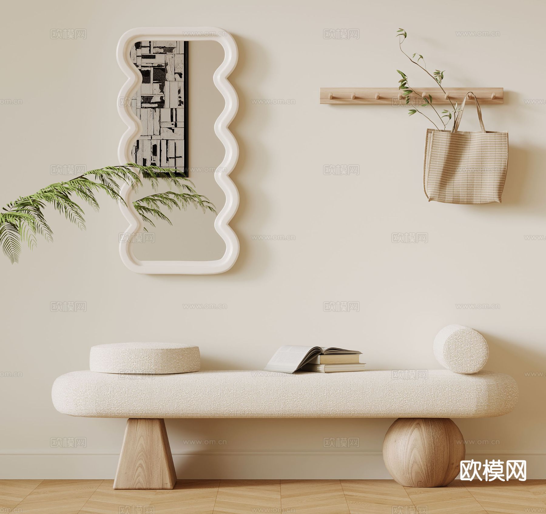 北欧换鞋凳 穿衣镜su模型下载（渲染图2）