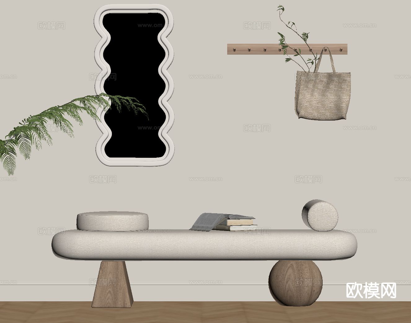 北欧换鞋凳 穿衣镜su模型下载（渲染图1）