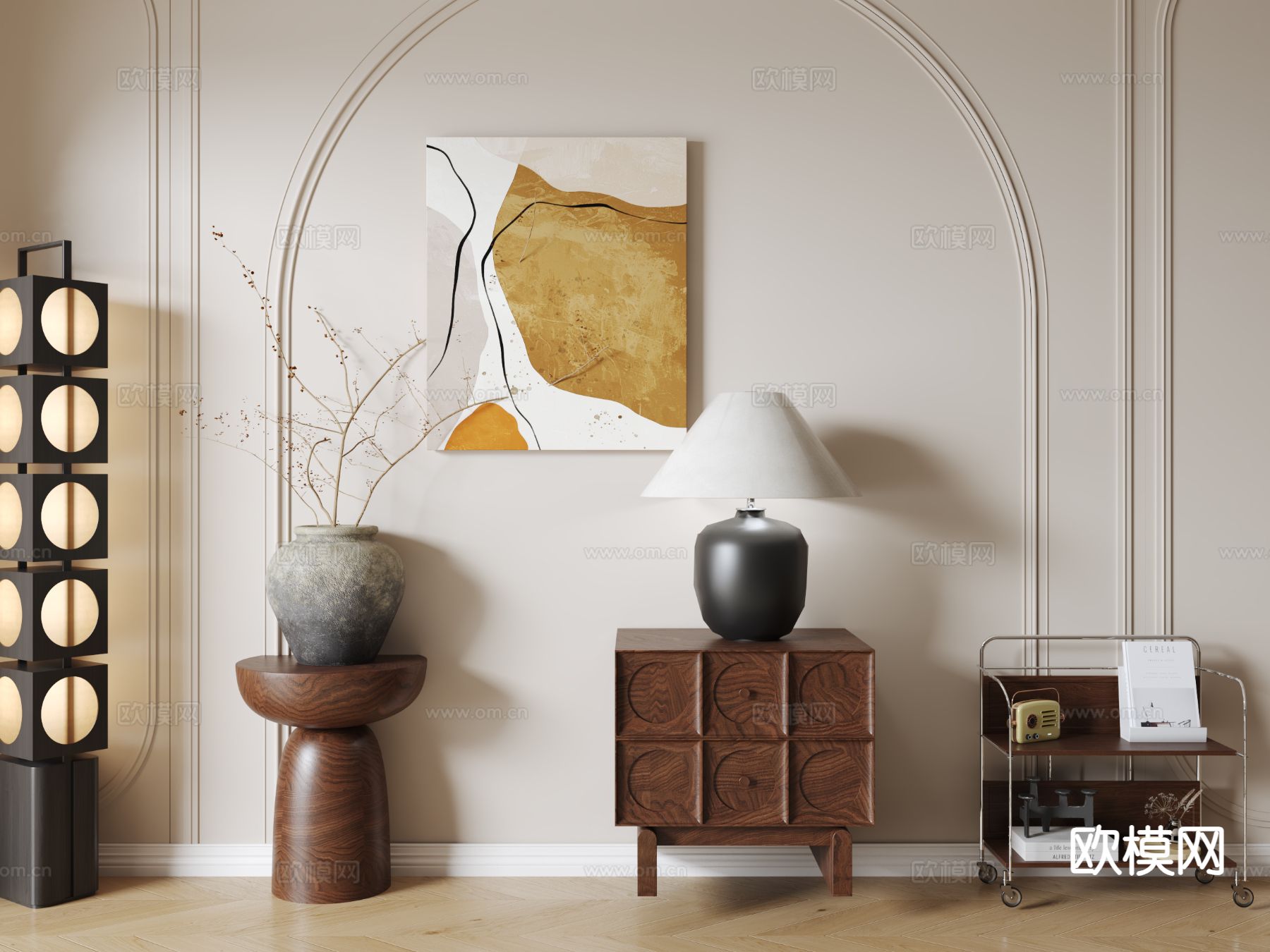 中古风床头柜su模型下载（渲染图2）