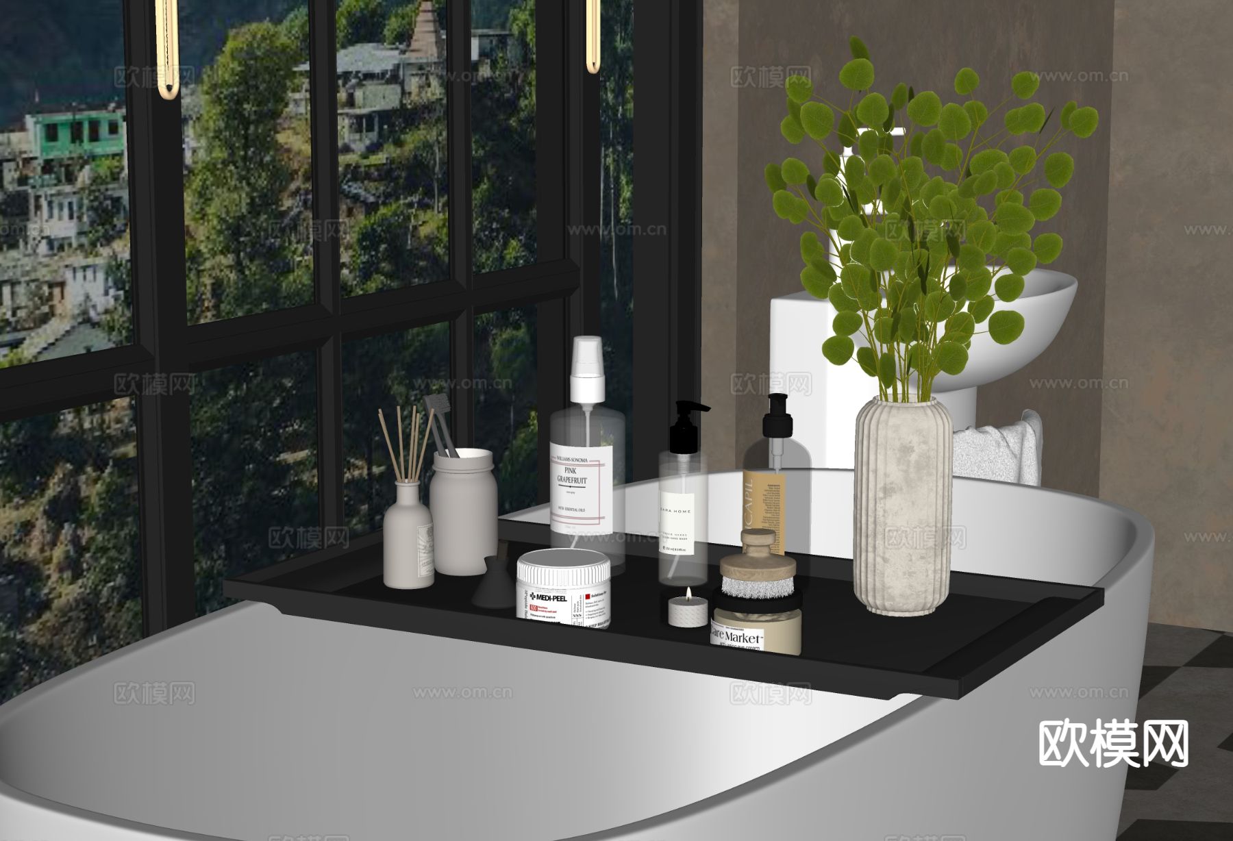 洗浴用品 洗发水 沐浴露 牙刷 香薰灯su模型下载（渲染图1）