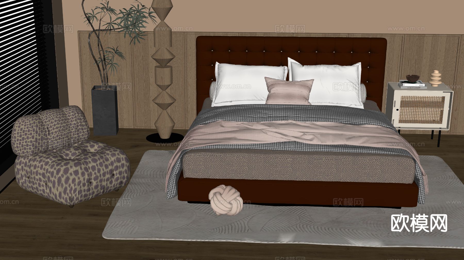 中古风双人床su模型下载（渲染图1）