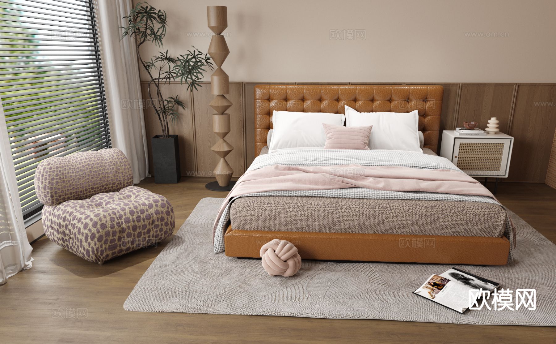 中古风双人床su模型下载（渲染图2）
