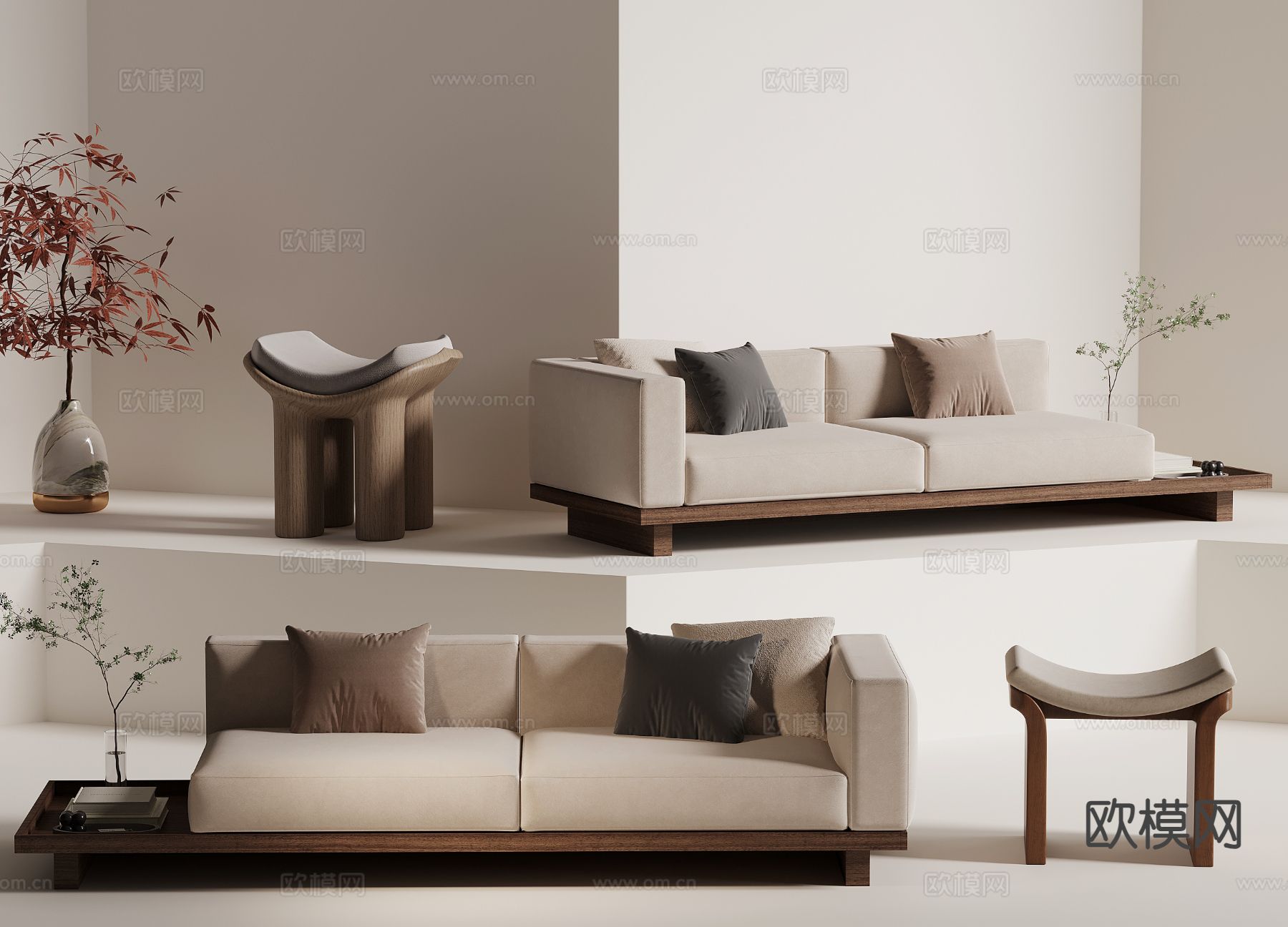 奶油风双人沙发su模型下载（渲染图2）