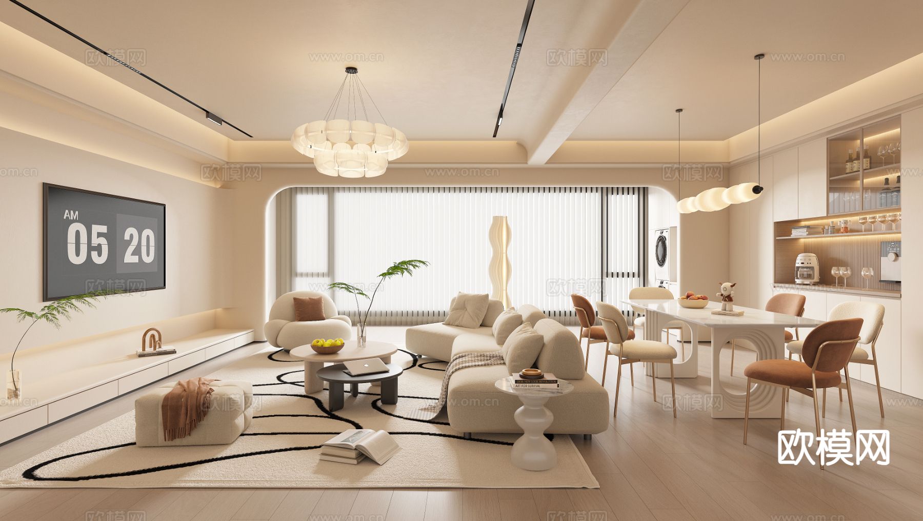 奶油风客餐厅3d模型下载