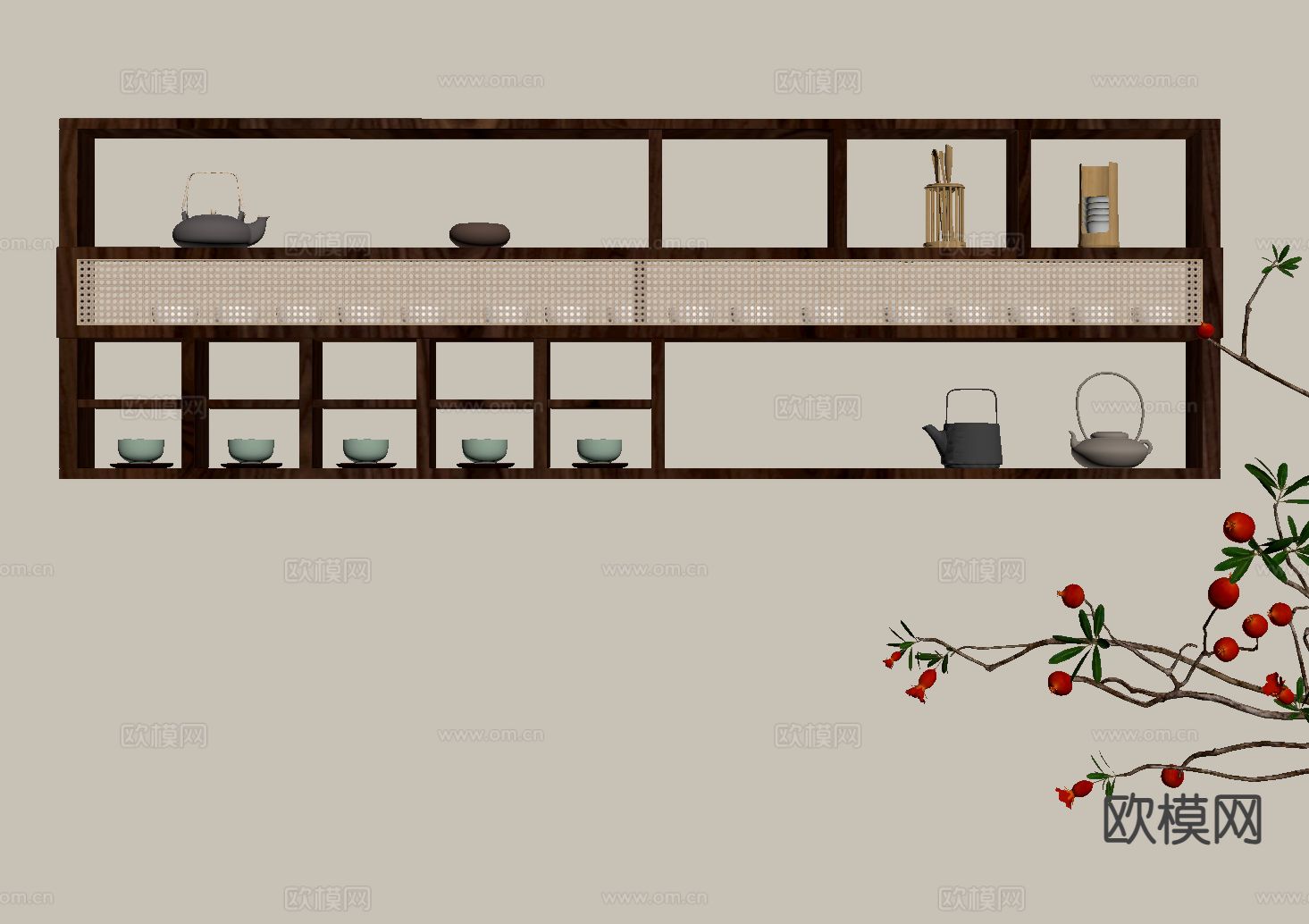 新中式茶柜 壁挂柜su模型下载（渲染图1）