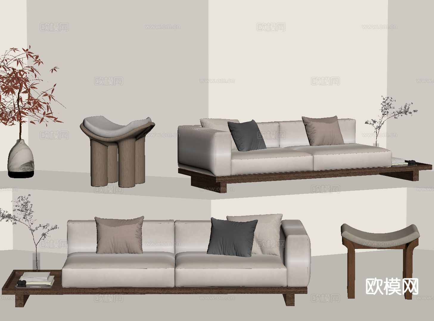 奶油风双人沙发su模型下载（渲染图1）