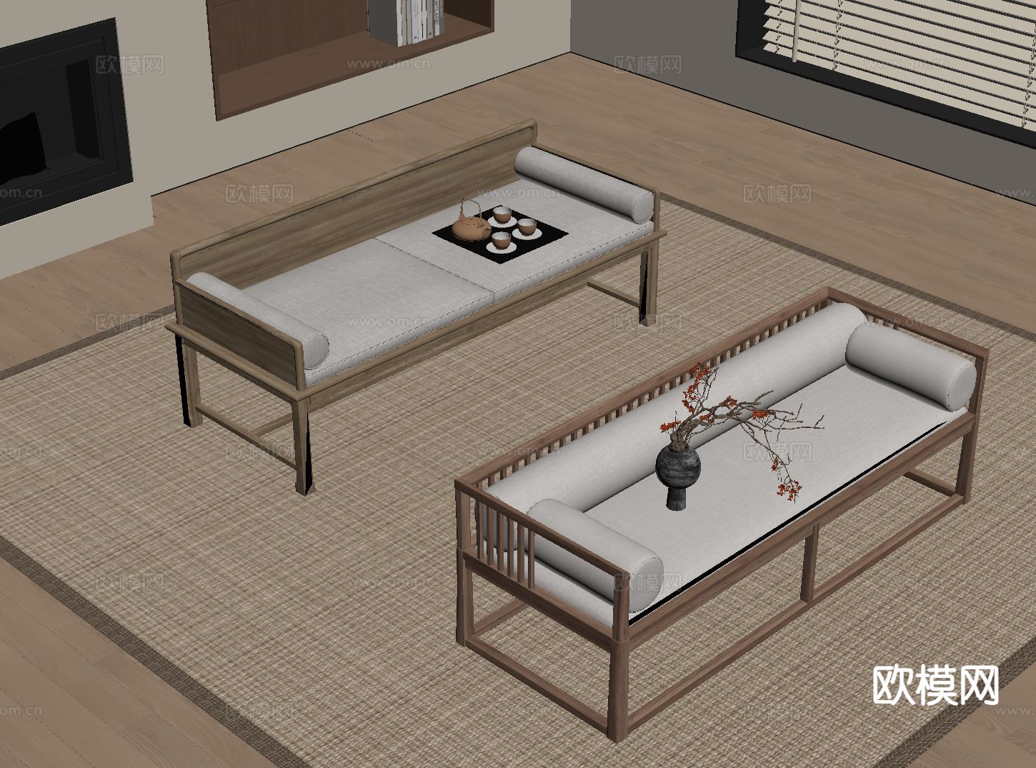 新中式罗汉床 罗汉塌su模型下载（渲染图1）