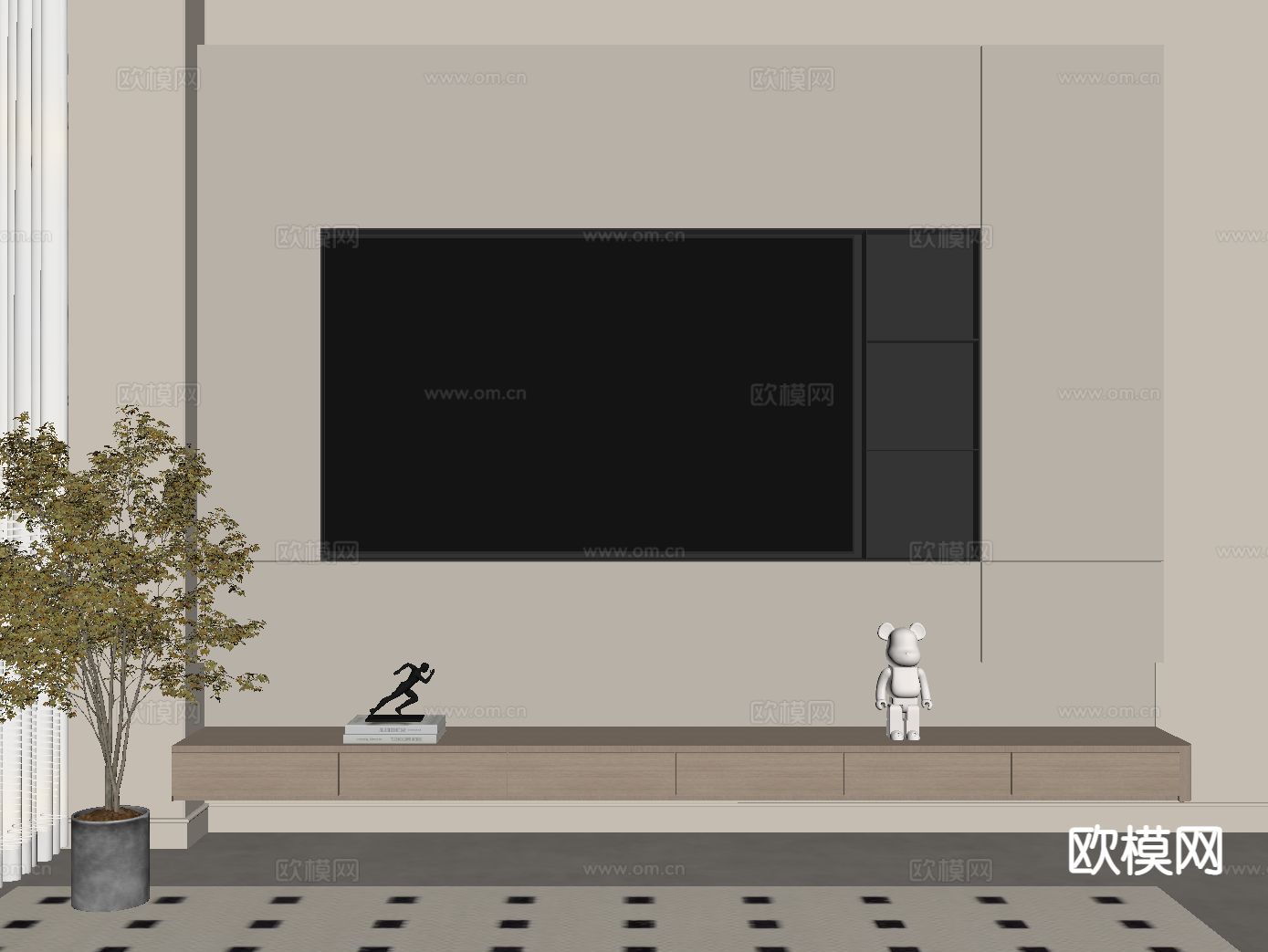 奶油风电视背景墙su模型下载（渲染图1）