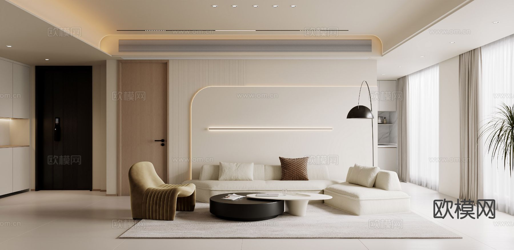 奶油风客餐厅3d模型下载（渲染图1）